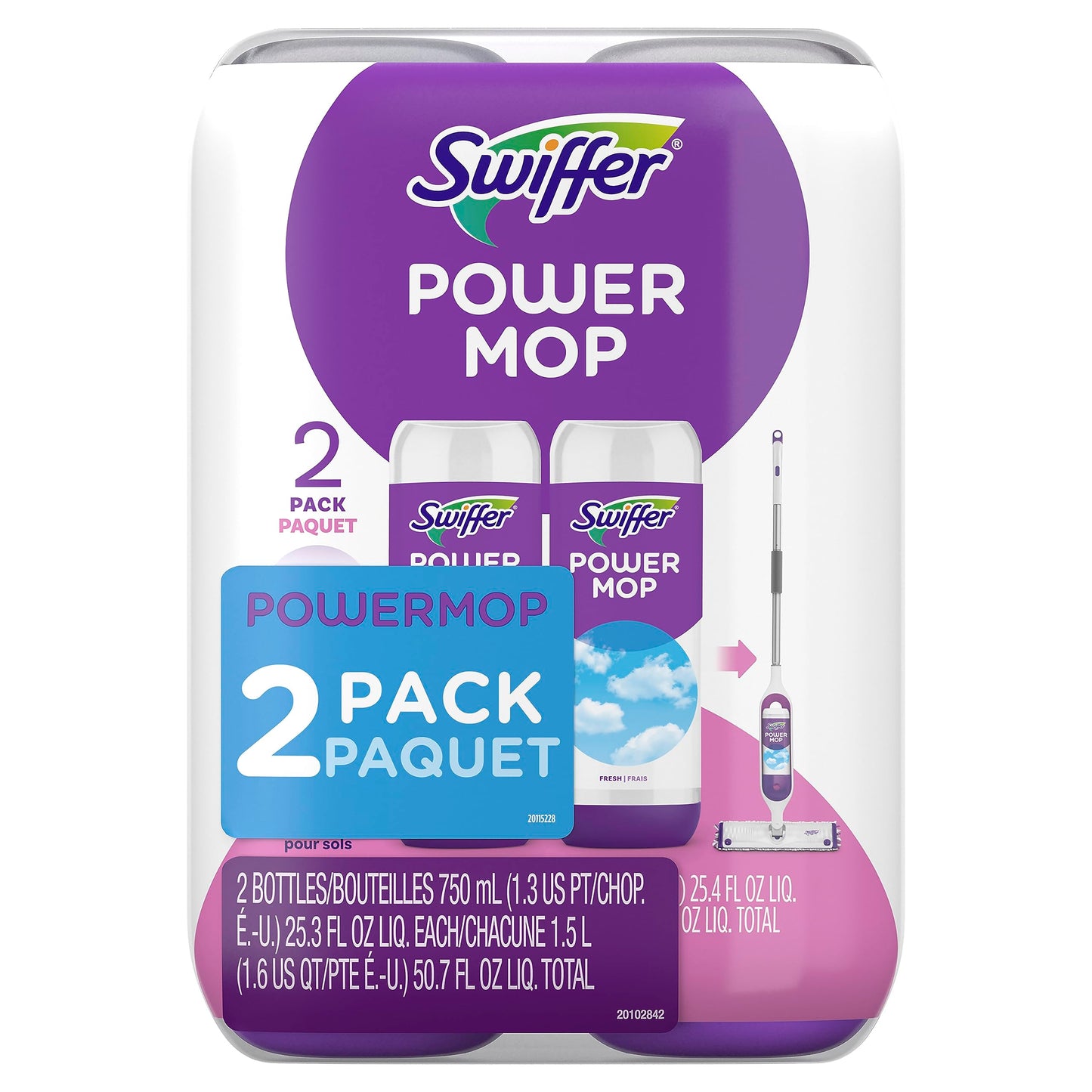 Swiffer PowerMop Liquid Floor Cleaner Refills, Solution for Power Mop, Fresh Scent, 2 Count Mopping Fluid Replacement Bottle, Spray Mops Cleaning Juice, No Bucket Needed, Multi-Surface and Wood