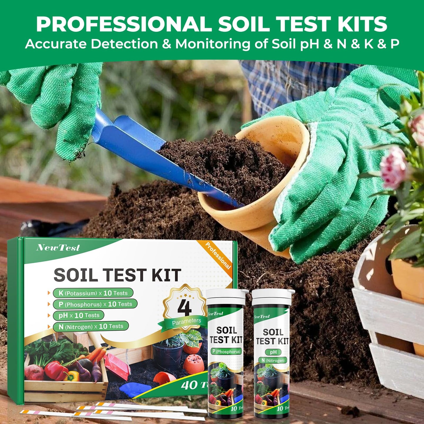 NewTest Soil Test Kit 4 Parameters: Professional Accurate 40 Tests Soil Testing Kits for Lawns Gardening Vegetable Garden for pH Nitrogen Phosphorus Potassium - Soil Tester for Garden Nutrients (40)