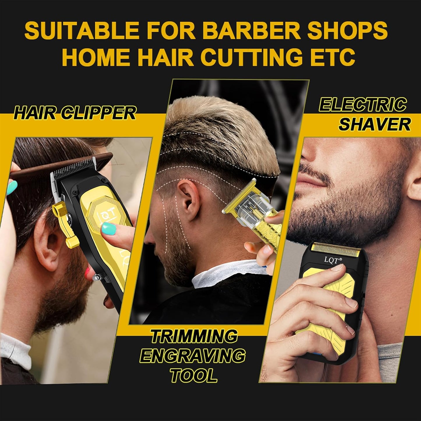 Cordless Hair Clippers for Men - Rechargeable Barber Clipper & Beard Trimmer Set | T-Blade, Adjustable Lever, LED Display, Gold