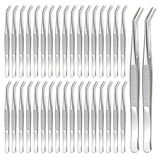 CONEHOY 36 Pcs Stainless Steel Tweezers Multipurpose Sewing Machine Forceps Bulk with Curved Serrated Tip for Crafting (Silver)