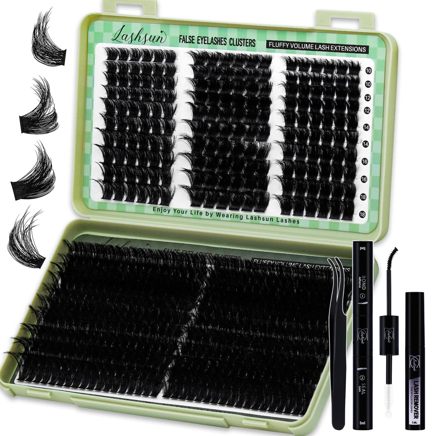 LASHSUN Lash Clusters Kit 540pcs D Curl 4 Styles 10-22mm Wispy Cluster Lashes Kit Soft and Comfortable False Eyelashes Extension Kit, DIY Long Lasting Lashes At Home (WL+200D Kit)