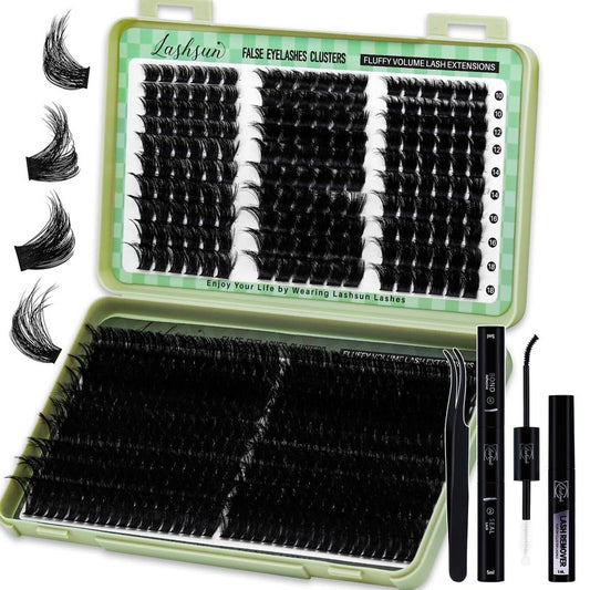 LASHSUN Lash Clusters Kit 540pcs D Curl 4 Styles 10-22mm Wispy Cluster Lashes Kit Soft and Comfortable False Eyelashes Extension Kit, DIY Long Lasting Lashes At Home (WL+200D Kit)