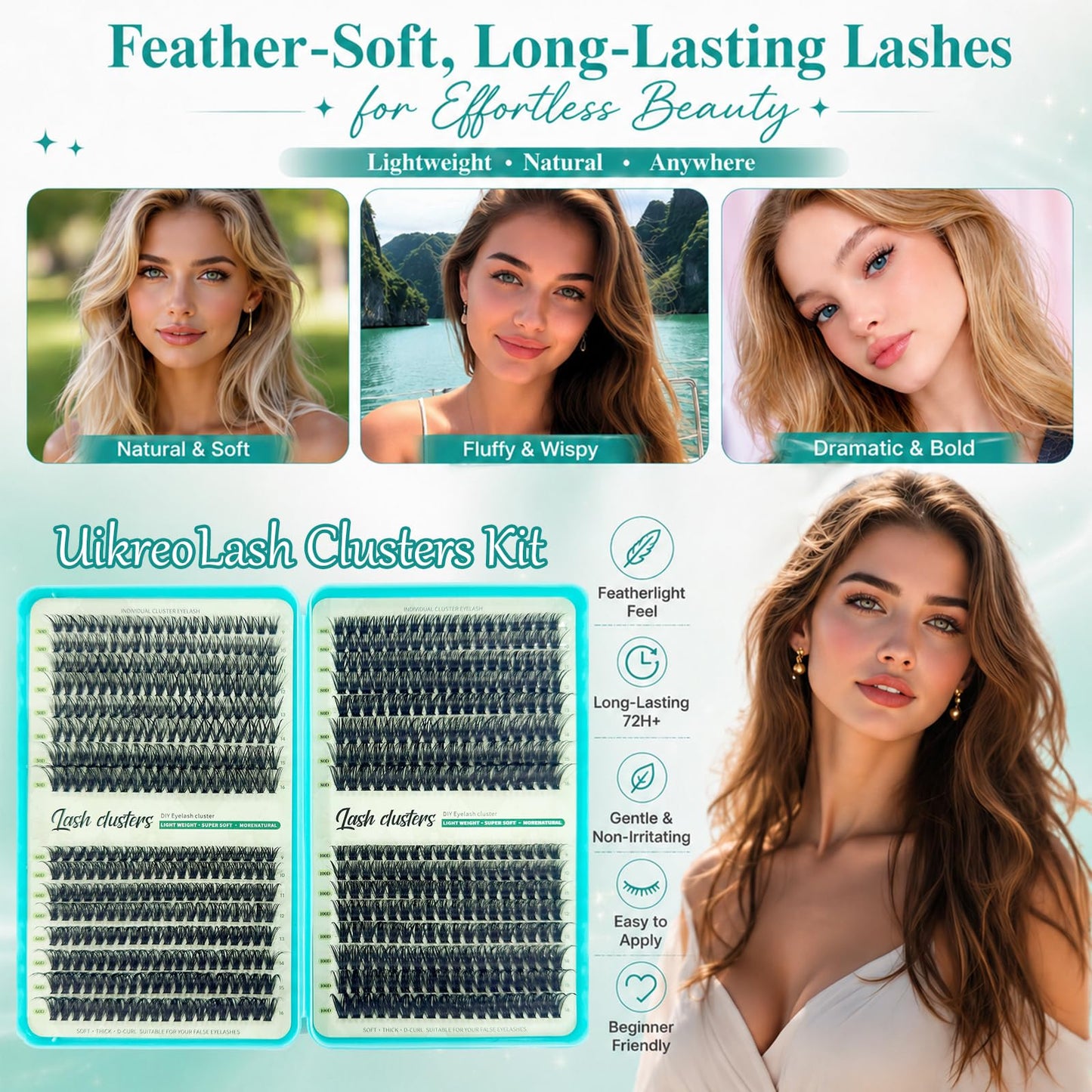 Lash Clusters Kit, 640 Pcs Eyelashes Lash Clusters D Curl 9-16mm, Individual Fluffy False Eyelashes Extensions with Tools, Perfect for Daily Wear and Dating (50D+60D+80D+100D Kit)