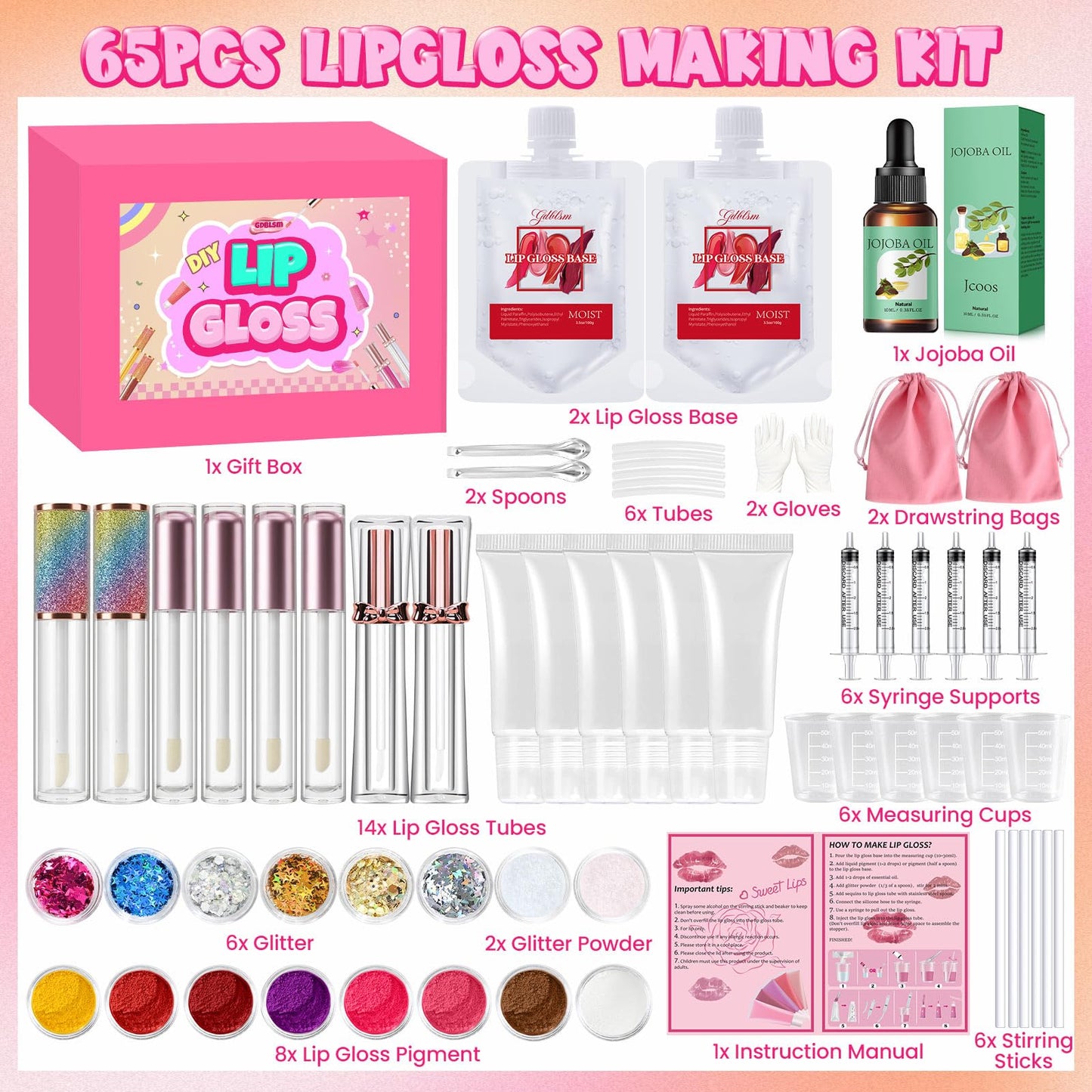 Gdblsm Lip Gloss Making Kit- DIY Lip Gloss Set for Women, Make Your Own Makeup Set with Moisturizing Clear Base, Pigments, Glitter, Jojoba Oil, Fun Lipstick Making Kit Gifts for Women Makeup Lover