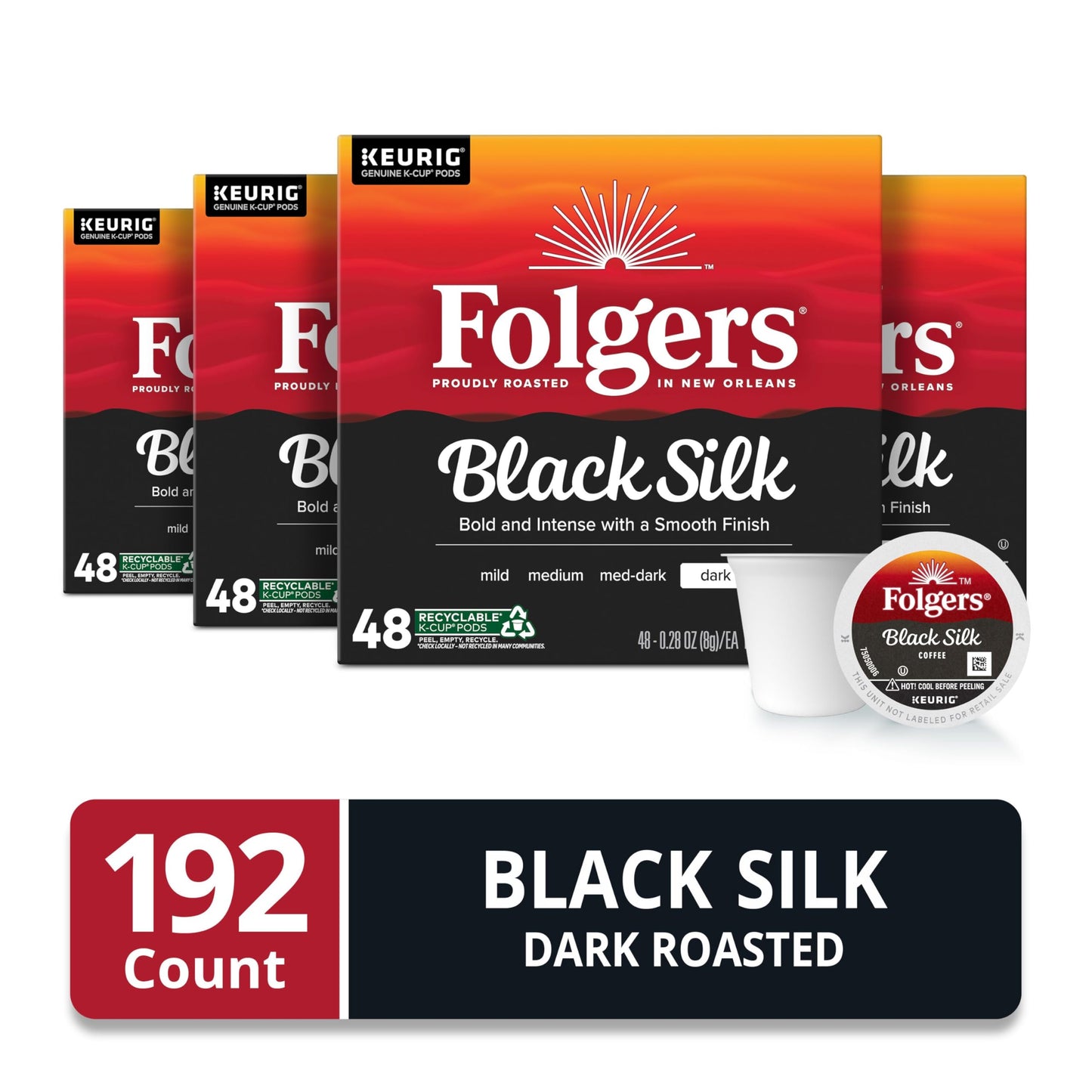 Folgers Black Silk, Dark Roast Coffee, Keurig K-Cup Pods, 48-Count Boxes (Pack of 4)