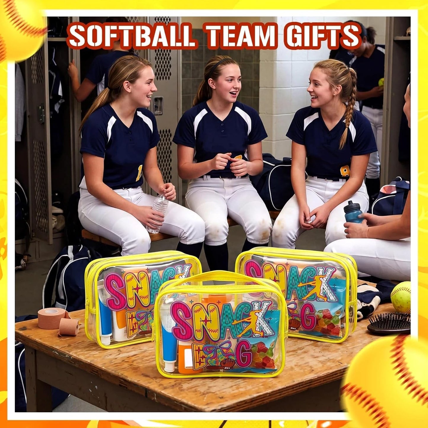 Softball Party Favors - 12 Pack Vivid Snack Bags for Girls | Clear PVC Cosmetic Case, 7.09 x 4.72 x 2.36''