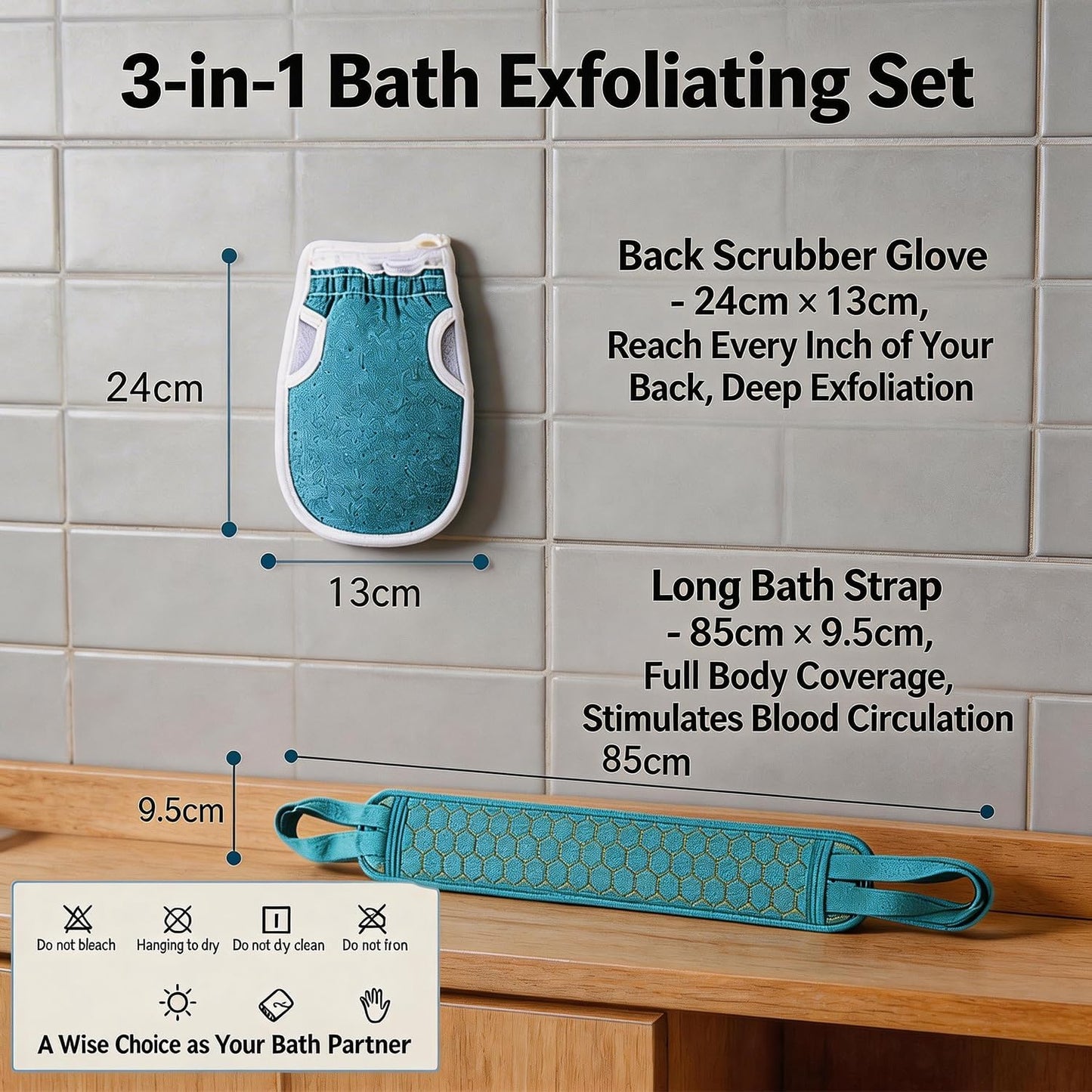 Exfoliating Body Scrubber Set - Extra Thick Back Scrubber & Dual-Sided Bath Gloves | Deep Cleansing Loofah Sponge