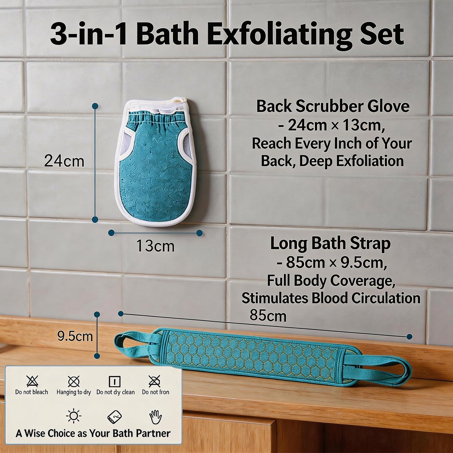 3 Pcs Exfoliating Body Scrubber Set, Extra Thick Back Scrubber for Shower, Dual Sided Bath Exfoliating Glove & Loofah Bath Sponge, Deep Cleansing Dead Skin Remover