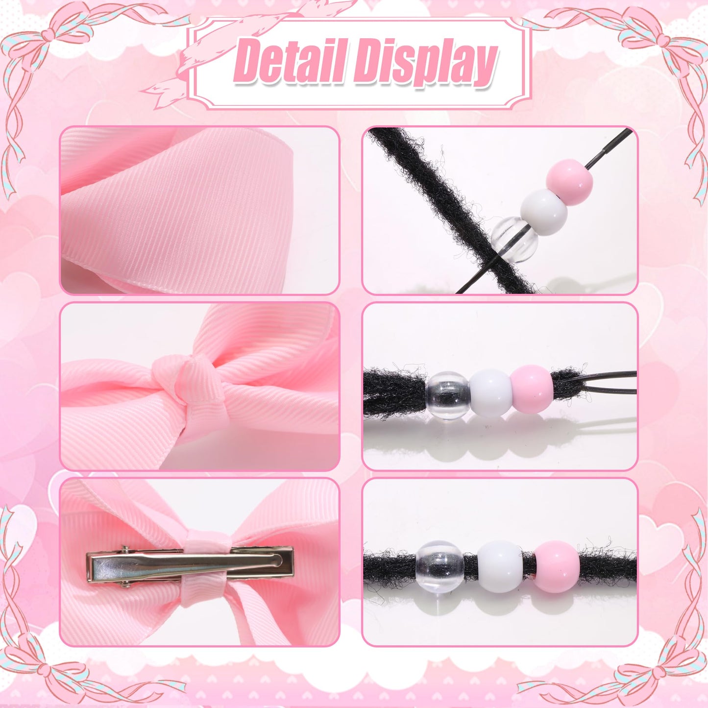 NAISKA 62PCS Pink Valentine's Day Hair Beads 4.7inch Bow Hair Clips Cute Beads for Hair Braids Kids Girls Hair Bow Braids Jewelry Loc Accessories for Kids Girls