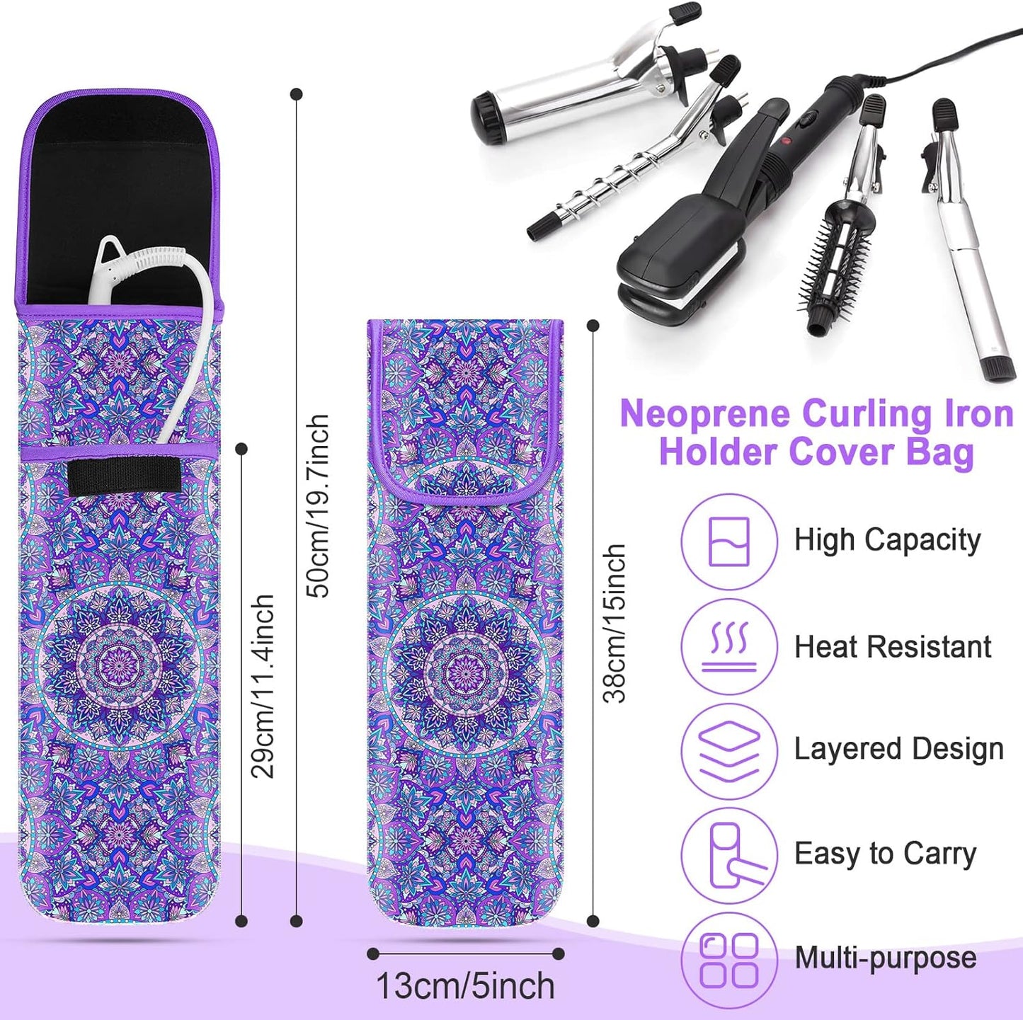 Heat Resistant Hair Tools Bag - Neoprene Curling Iron & Flat Iron Holder | Travel Case & Silicone Mat Pouch (Mandragora)