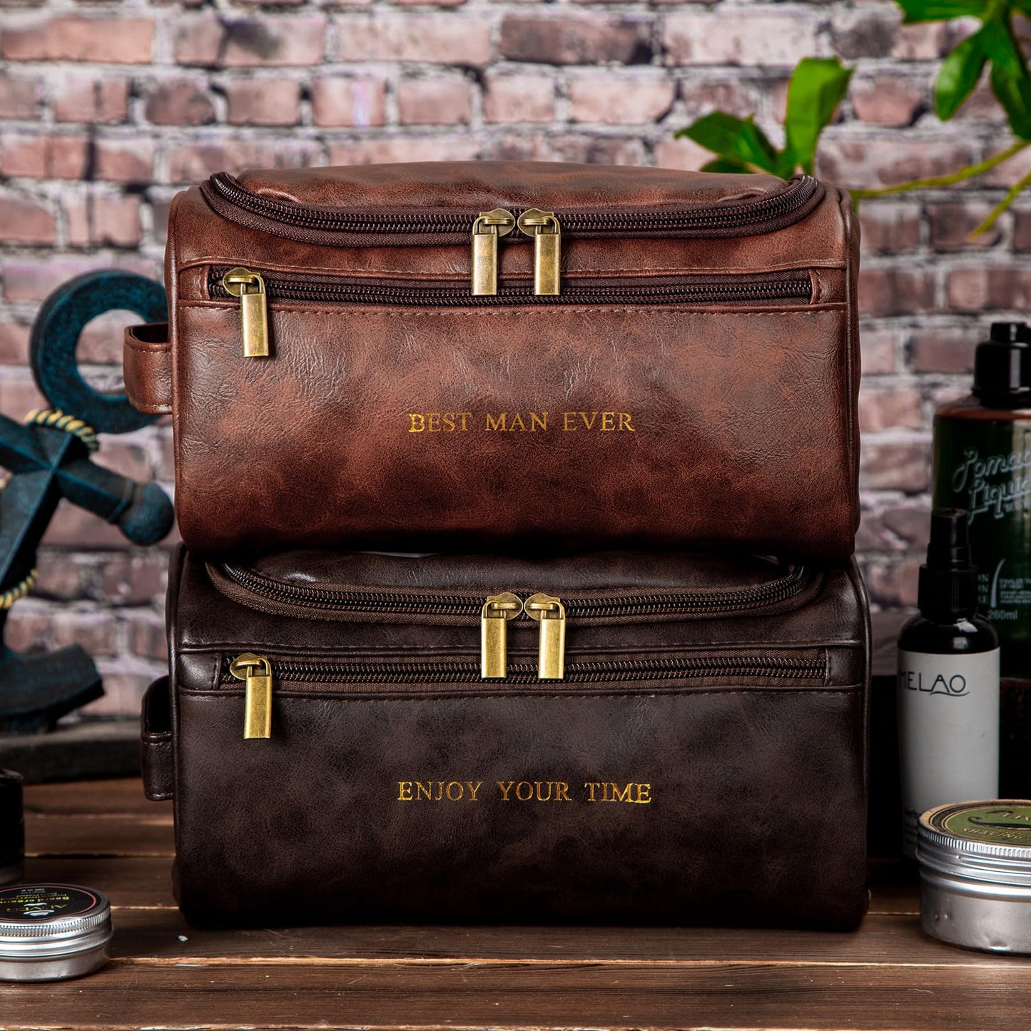 Flycalf Personalized Mens Toiletry Bag for Men BEST MAN EVER Gold Foil Stamped Leather Travel Shaving Dopp Kit Groomsmen Gifts Dad Husband Boyfriend Wedding Birthday (Brown)