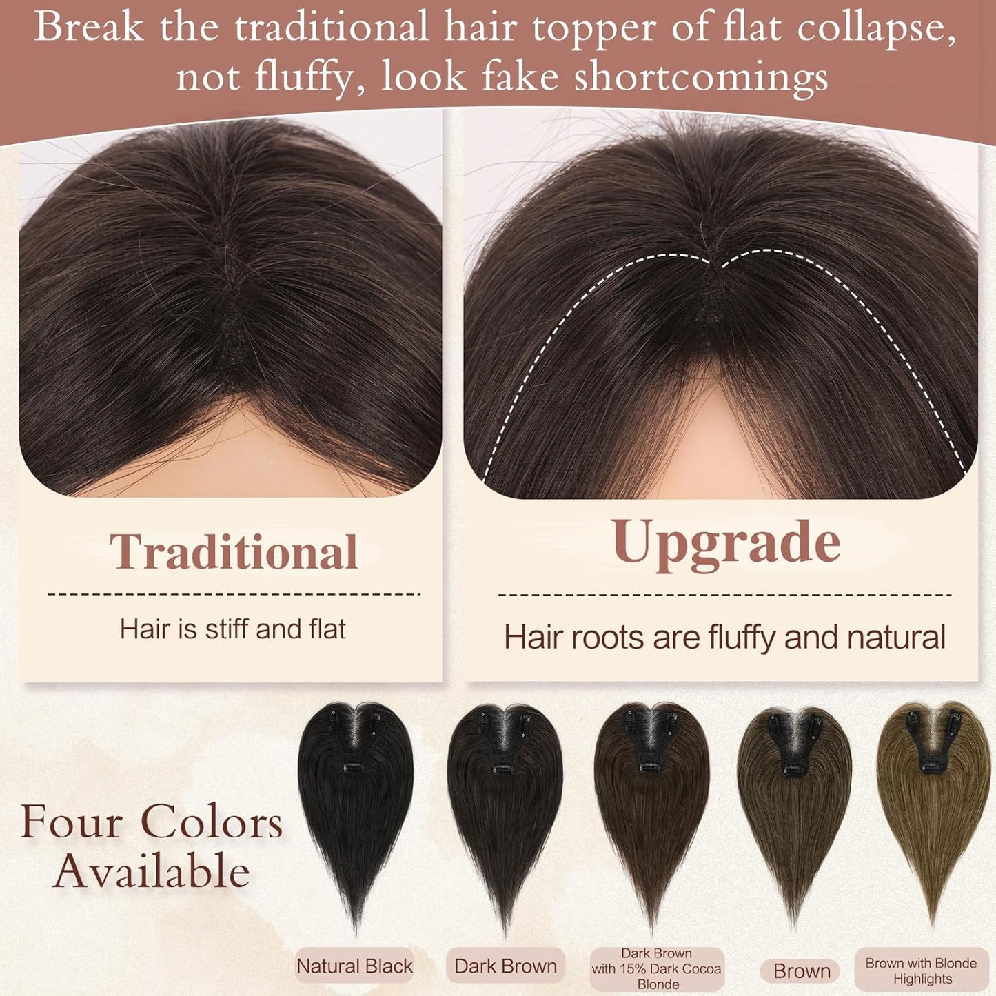 Hair Toppers for Women - Real Human Hair Clip-In Piece for Thinning Hair | Lightweight Fluffy Straight Brown