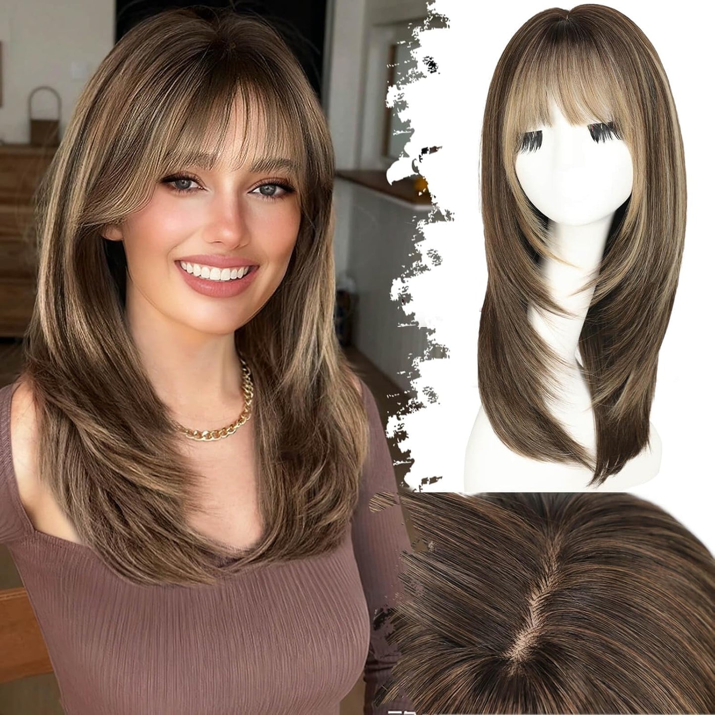 Beginner-Friendly Ash Blonde Wig with Bangs - 4x4 Glueless Synthetic Hair, Medium Length, Face-Framing Layers