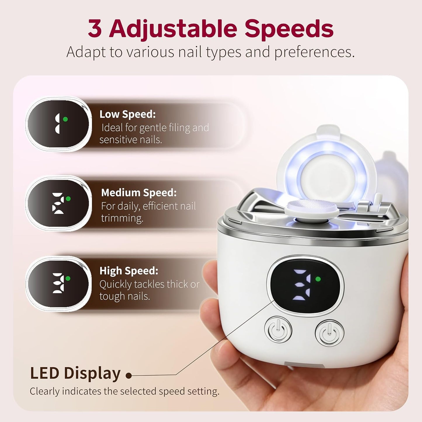 Electric Automatic Nail Clipper & Trimmer for Seniors - 6-in-1 Set with LED Light, Magnifier & USB Rechargeable Design | 3 Speeds, Dual Blades, Storage Case