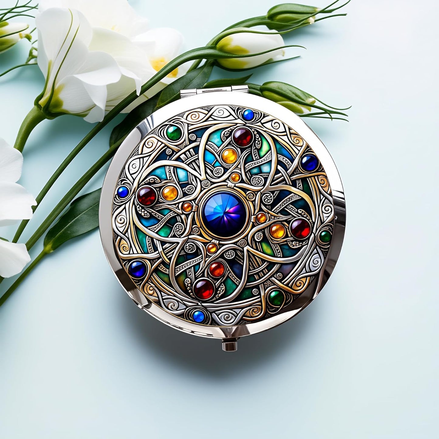 Double-Sided Silver Compact Mirror - 2.8 Inch Folding Makeup Mirror with Celtic Knot Design | Perfect Gift for Women