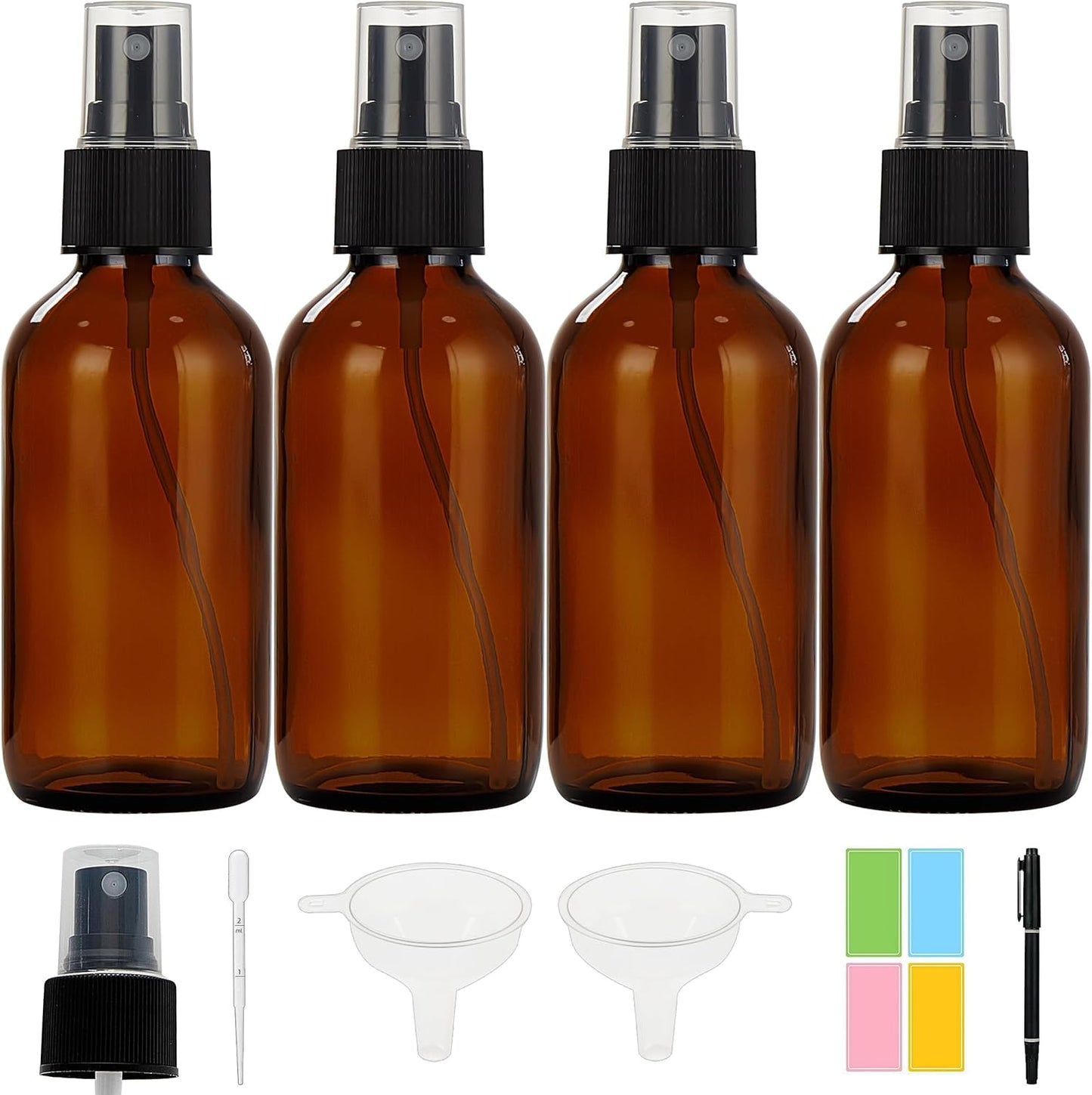 Dark Amber Glass Spray Bottles - 4 oz Fine Mist Bottles for Essential Oils, Hair, Face | 4 Pack