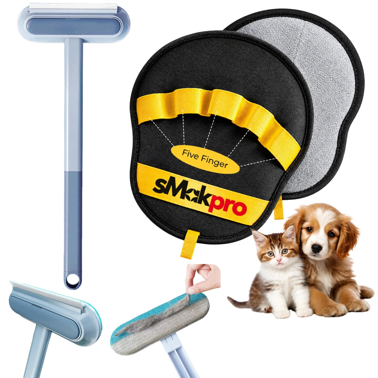Smakpro Cat Hair Remover Gloves with 19" Adjustable Handle Brush - Five Finger Magic Gloves | Reusable Pet Fur Remover Mitt | Dog Hair Removal Electrostatic Tool for Lundry Carpet Bedding Clothes