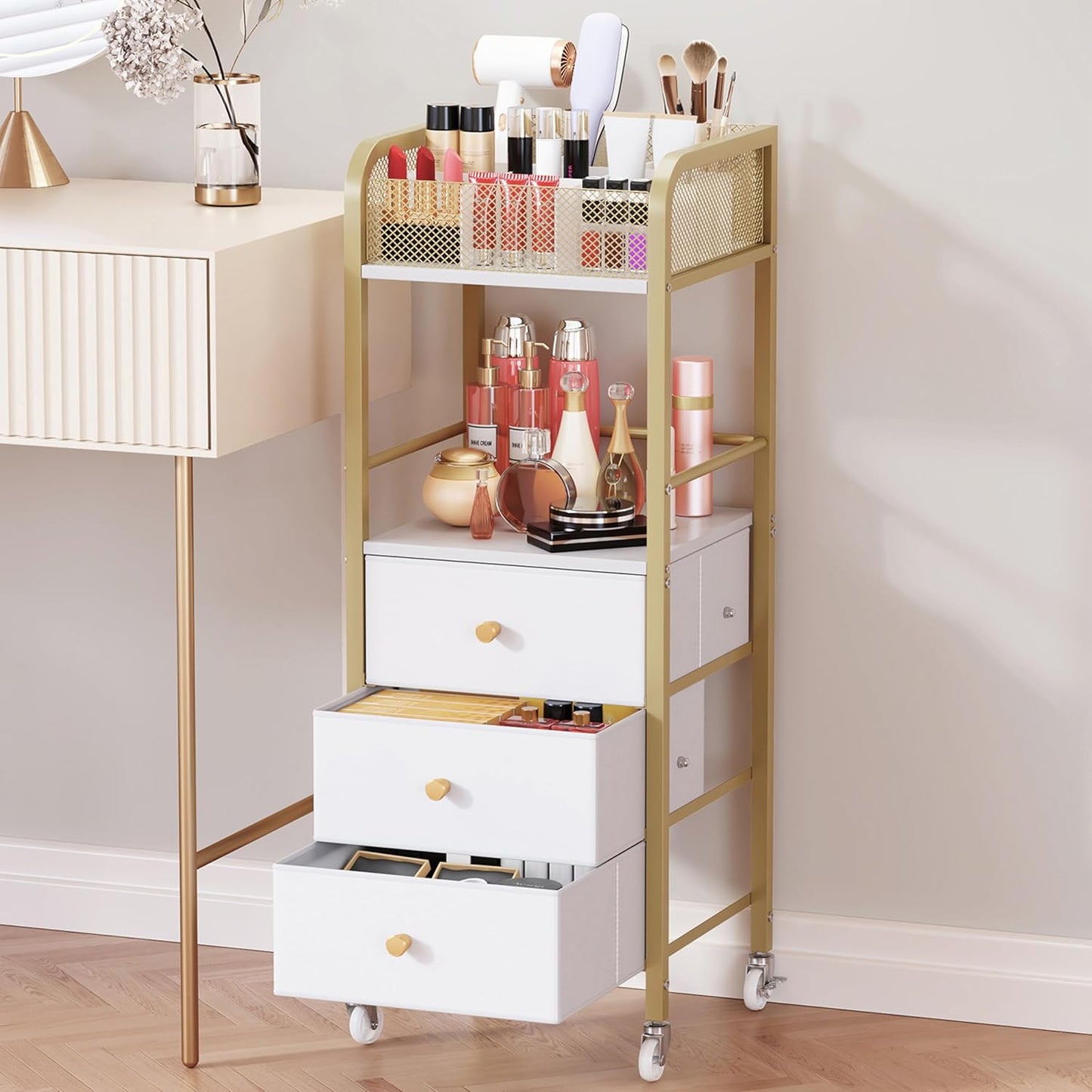 Rolling Makeup Cart Organizer - Skincare & Cosmetic Storage with 3 Fabric Drawers | Vanity Display Case for Beauty Tools