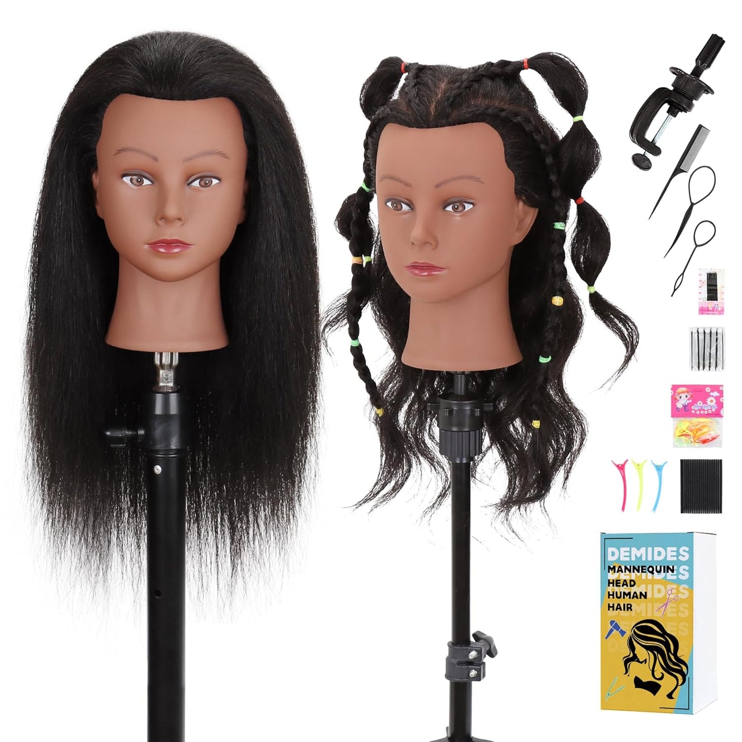 Mannequin Head - 100% Real Human Hair 16” Cosmetology Doll Head for Hair Styling & Braiding | Black