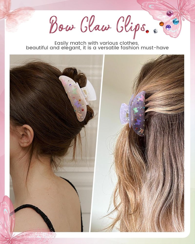 Bow Printed Hair Claw Clips - Non-Slip Medium Grip Clips with Colored Zircon | 3.74” Acrylic Jaw Clips (Pink, Gray, Skin Color)