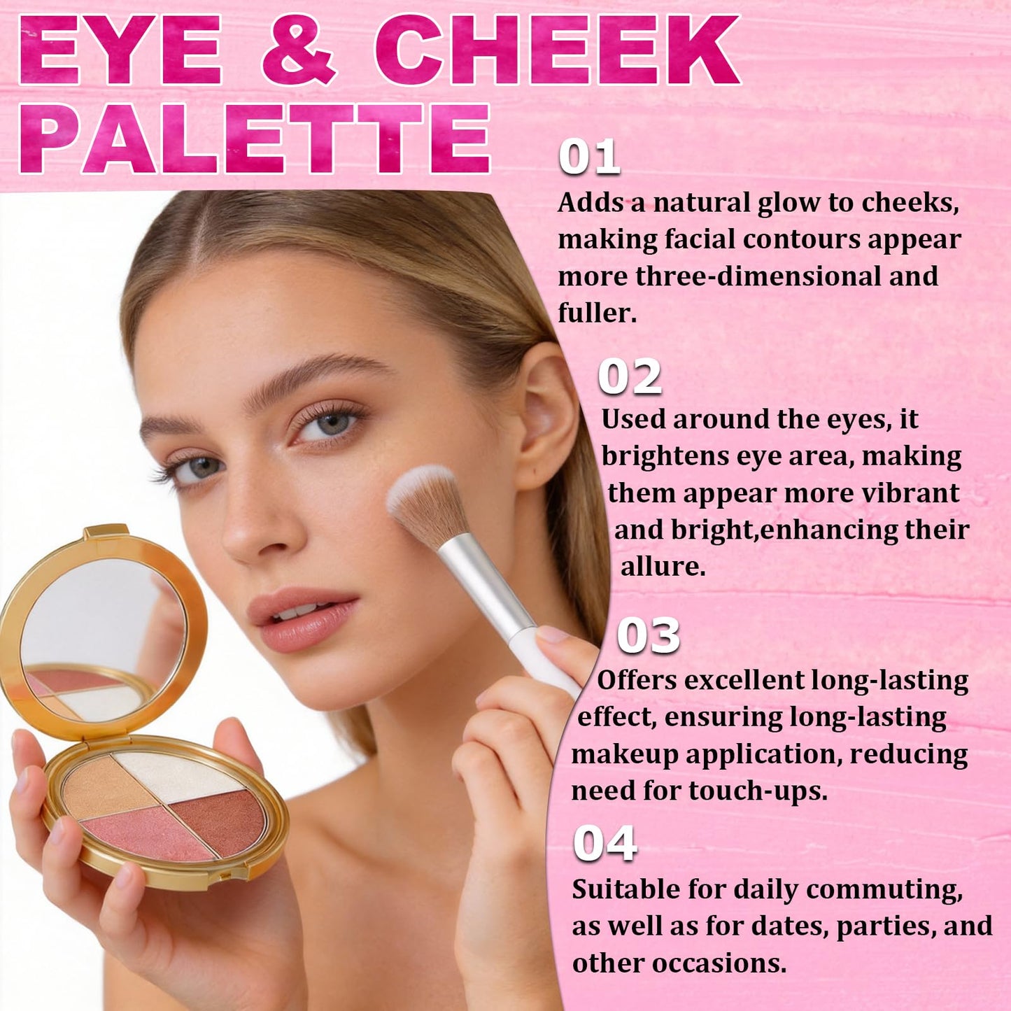 Eye & Cheek Palette with 1 Pcs Blush Brush, Multifunctional Blush Palette, Eyeshadow and Highlighter Makeup, 4-In-1 Natural Glow Contour Powder for Women