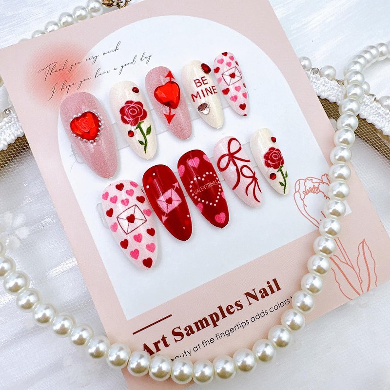 Valentine's Press-On Nails - 24 Pcs Medium Almond Acrylic with 3D Heart Pearl Rhinestones | Cute Rose Design
