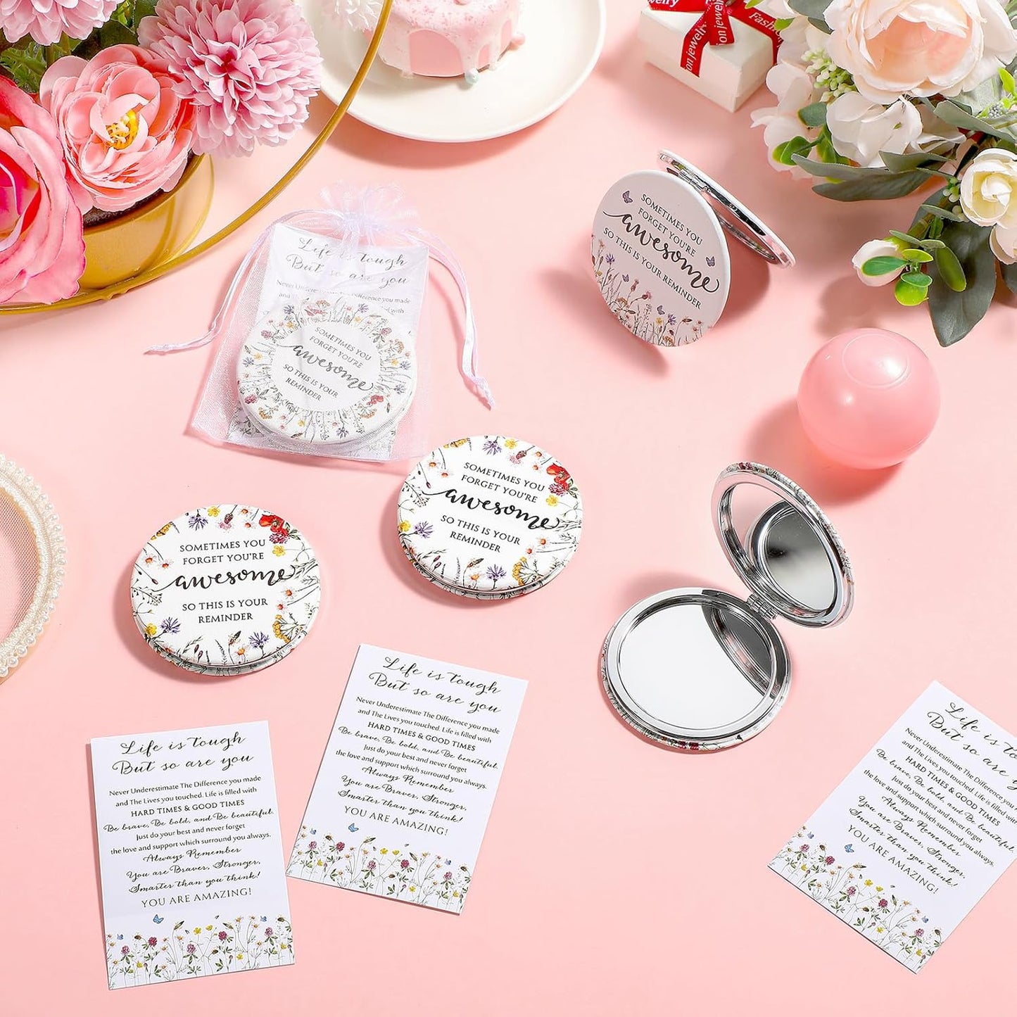 Inspirational Compact Mirror Set - 12 Mini Double-Sided Folding Mirrors | Perfect Gift for Nurses, Teachers & Coworkers (Wildflower)