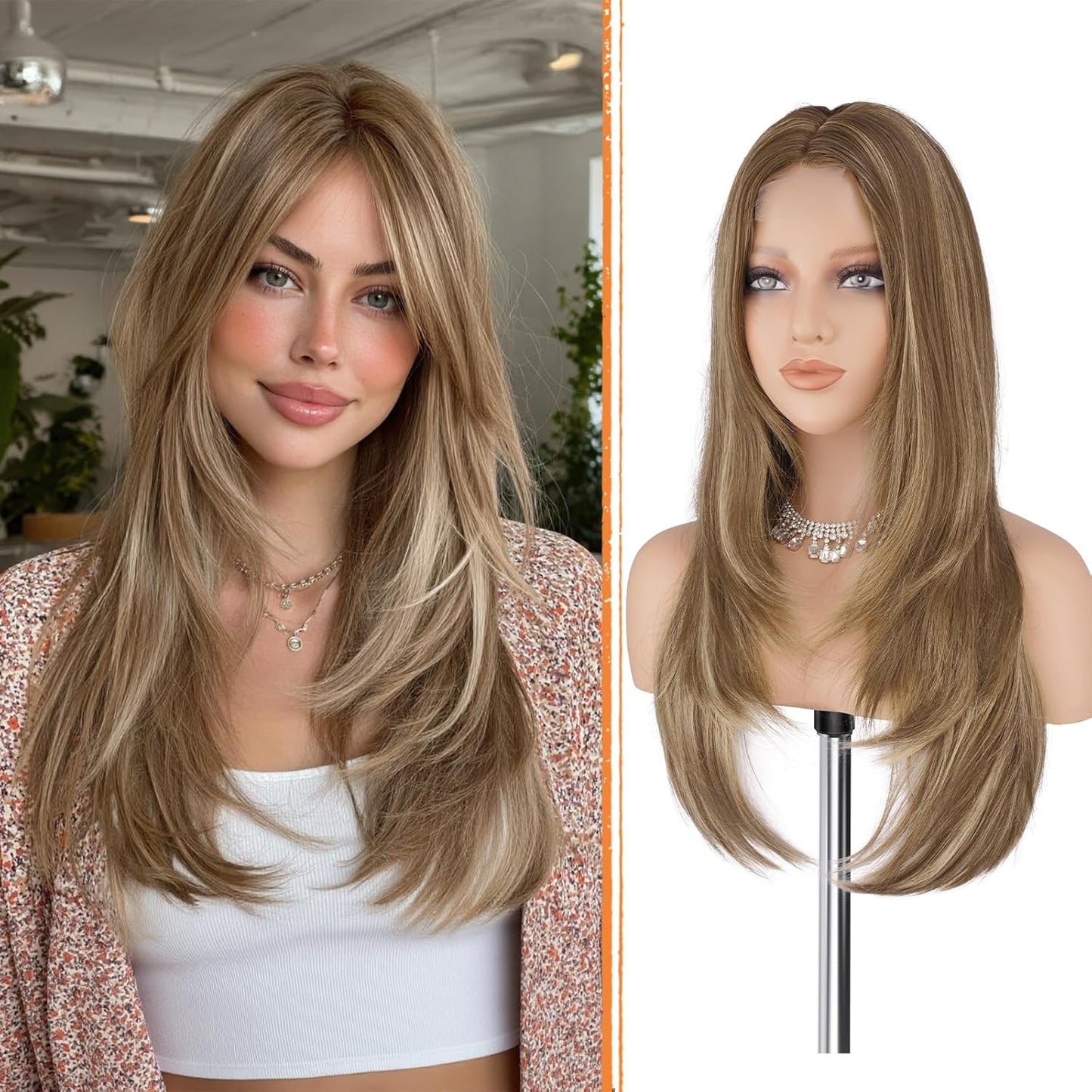 Blonde Wig with Curtain Bangs - Lace Front Synthetic Hair, 24 Inch Dirty Blonde | Natural Looking, Long Layered Style