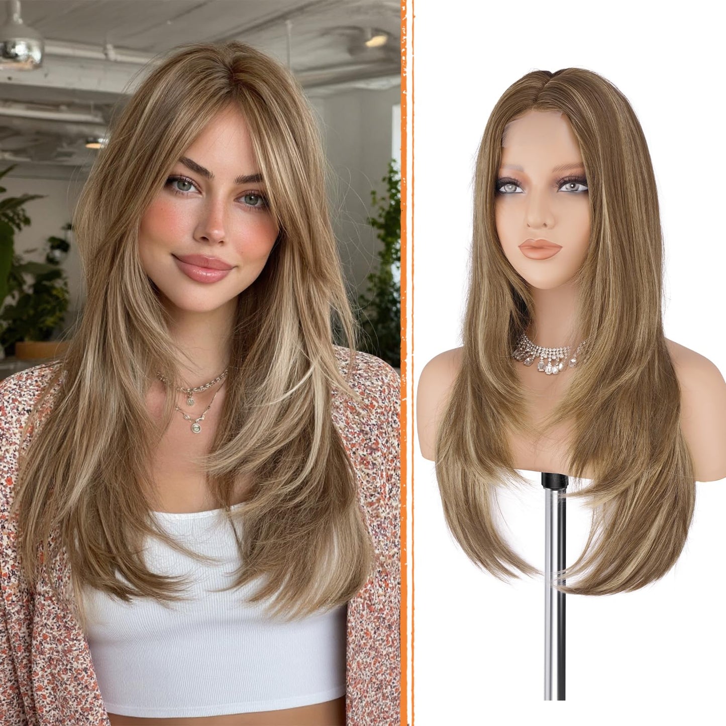 Haloo Brown Blonde Wig with Curtain Bangs - Lace Front Hairline Middle Part Long Layered Natural Looking Straight Synthetic Hair Wigs for Women Daily Party, 24 Inch Brown Mixed Blonde