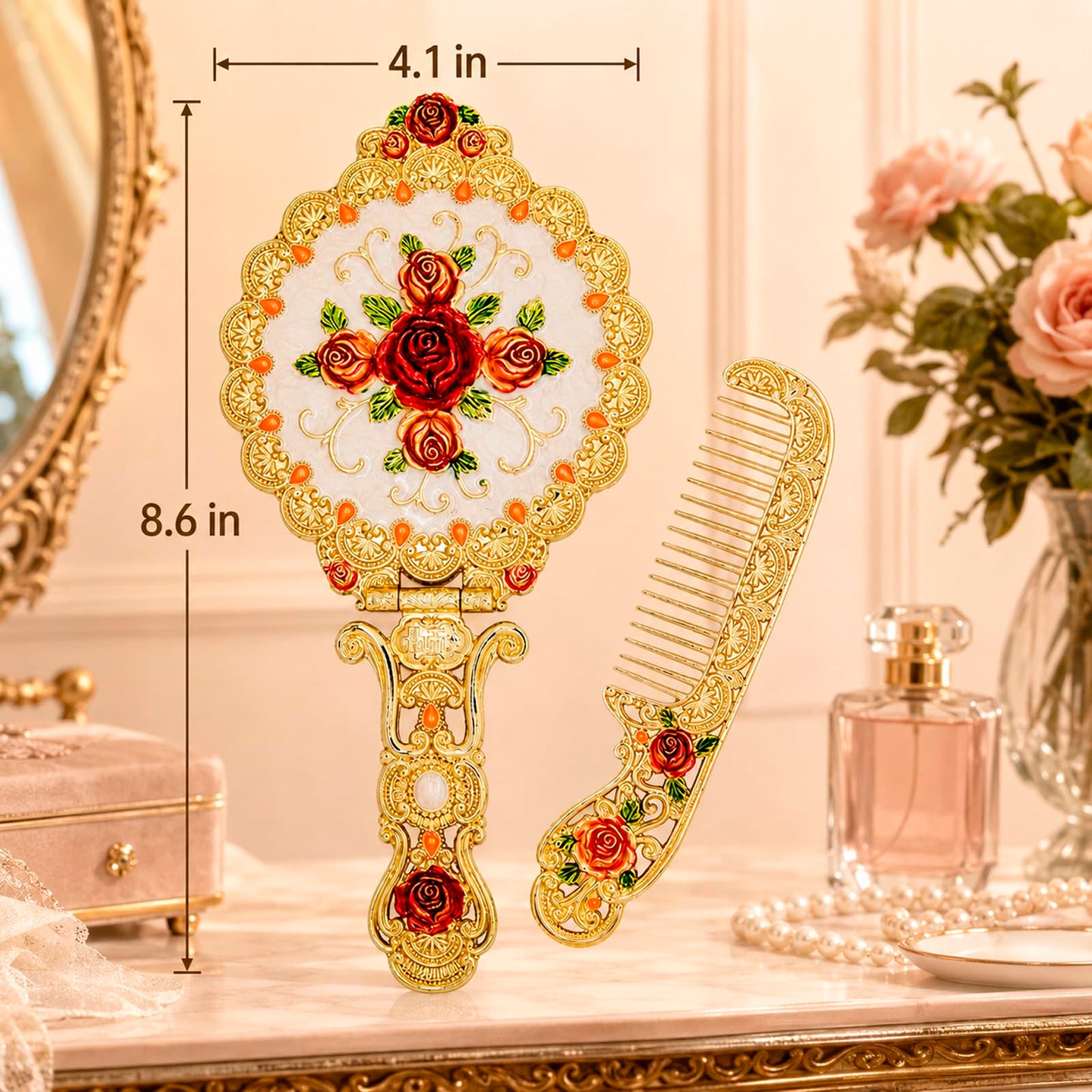 Vintage Hand Mirror Comb Set - Antique Vanity Handheld Makeup Mirror, Gold