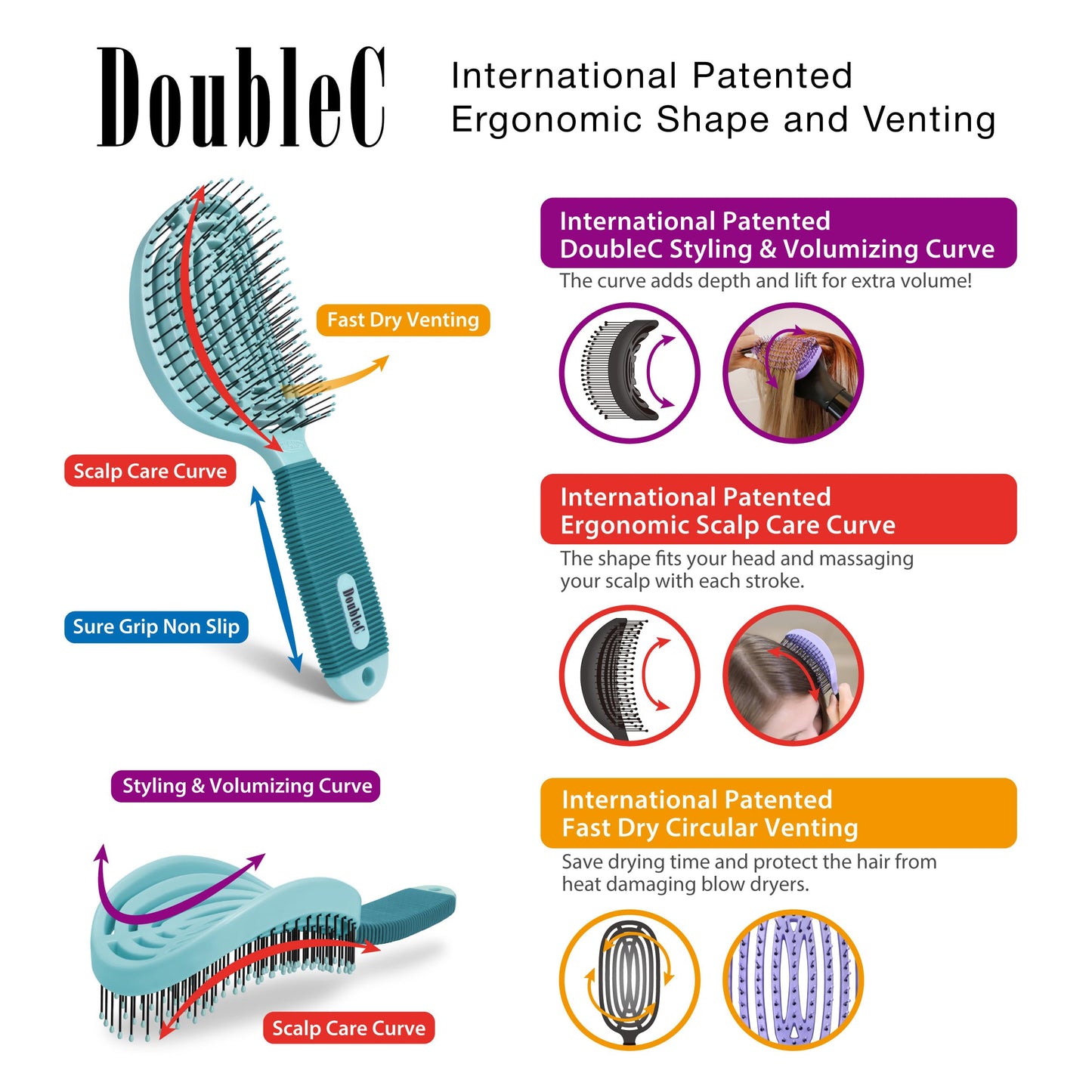 NuWay® DoubleC® Detangling Hair Brush – The Original Home Scalp-Care Brush – Patented Double Curved Scalp Care Hairbrush for Gentle Detangling, Volume Styling & Wet or Dry Hair (Grass Green)