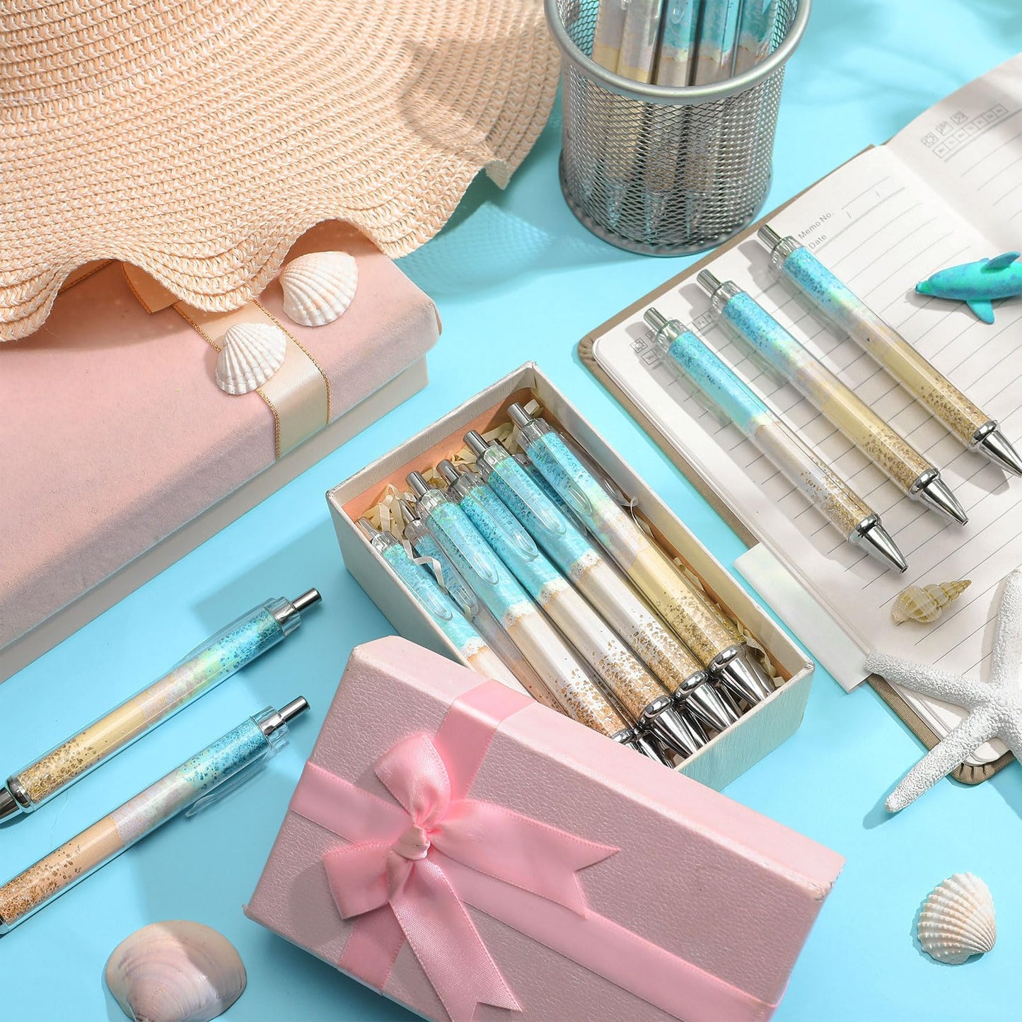 Motipuns 24 Pcs Beach Teal Pens Bulk Ocean Teachers Appreciation Week Gifts Tropical Seashell Theme Ballpoint Thank You Gifts for Woman Teacher Coworker Staff Office School Writing Stationary