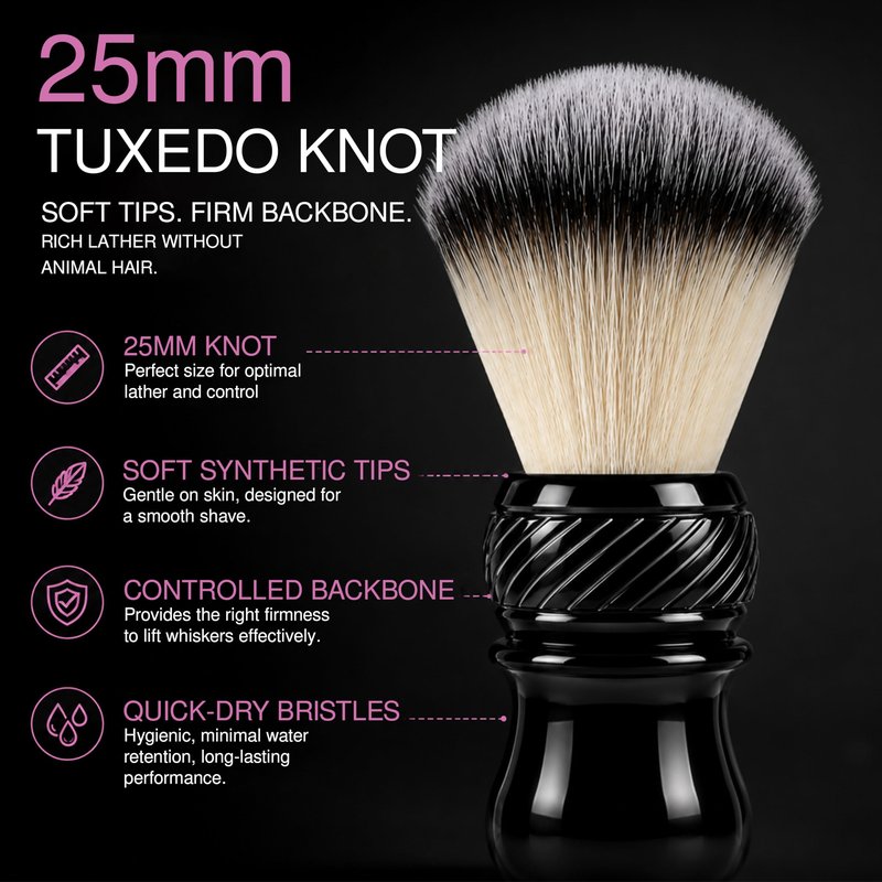 Pink Woolf Synthetic Shaving Brush for Men – 24mm Tuxedo Knot, Quick-Dry Soft Bristles, Compact Travel Shave Brush for Rich Lather with Soap or Cream – Black Handle