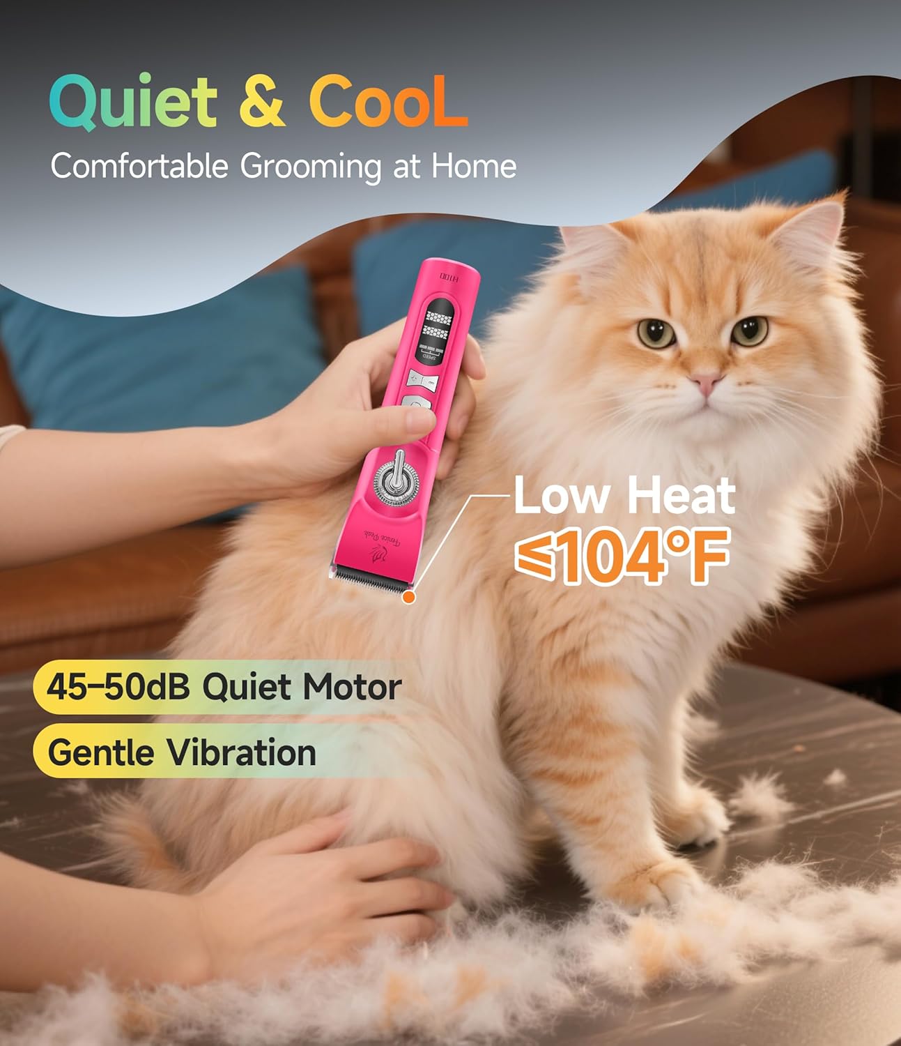 Cordless Dog Grooming Clippers - 12-Hour Runtime, 3-Speed Quiet Electric Trimmer for Thick & Curly Coats | Pink