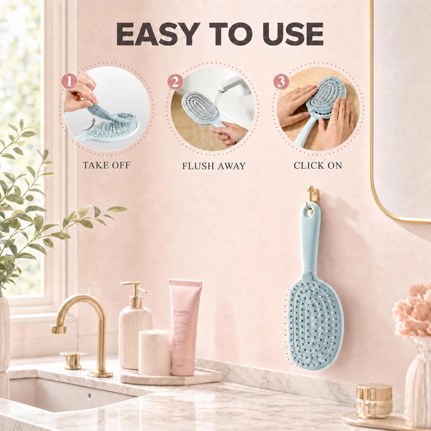 Self-Cleaning Hair Brush - Curved Vented Design for Fast Blow Drying | Mint Green, Ideal for All Hair Types