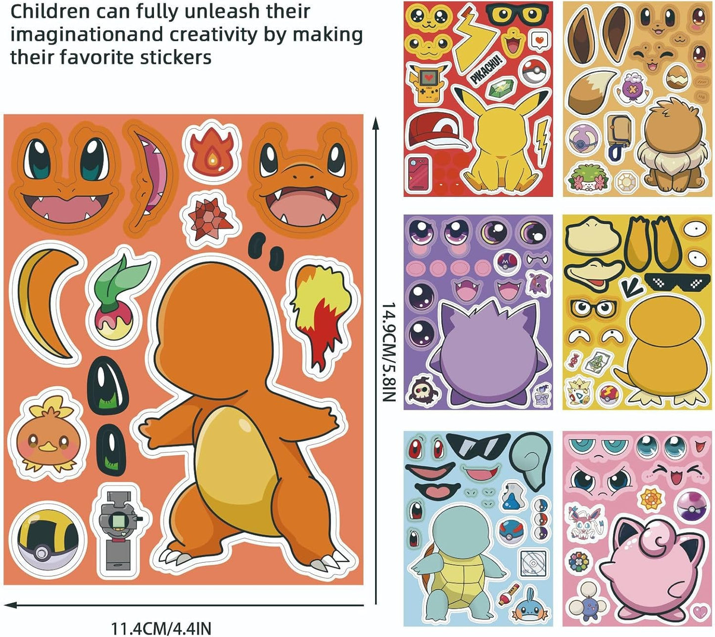 Pokémon Stickers - Cute Cartoon Monster Characters for DIY Projects | Kawaii Make-a-Face Party Favors (24 Sheets)