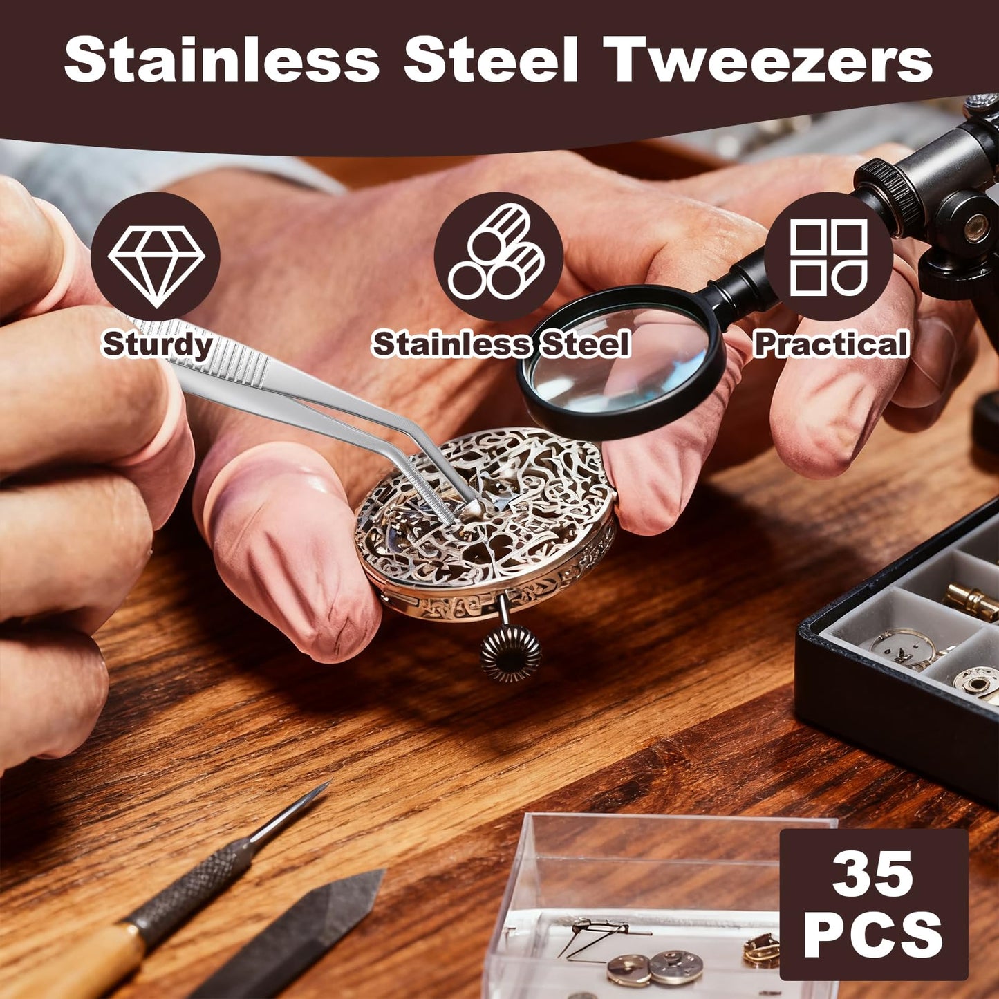 XLIUAX 35 Pcs Stainless Steel Tweezers with Curved Serrated Tip, 6" Sewing Machine Tweezer Non-Slip High Precision Multipurpose Tweezer for Craft Sewing Repair Supplies, Silver
