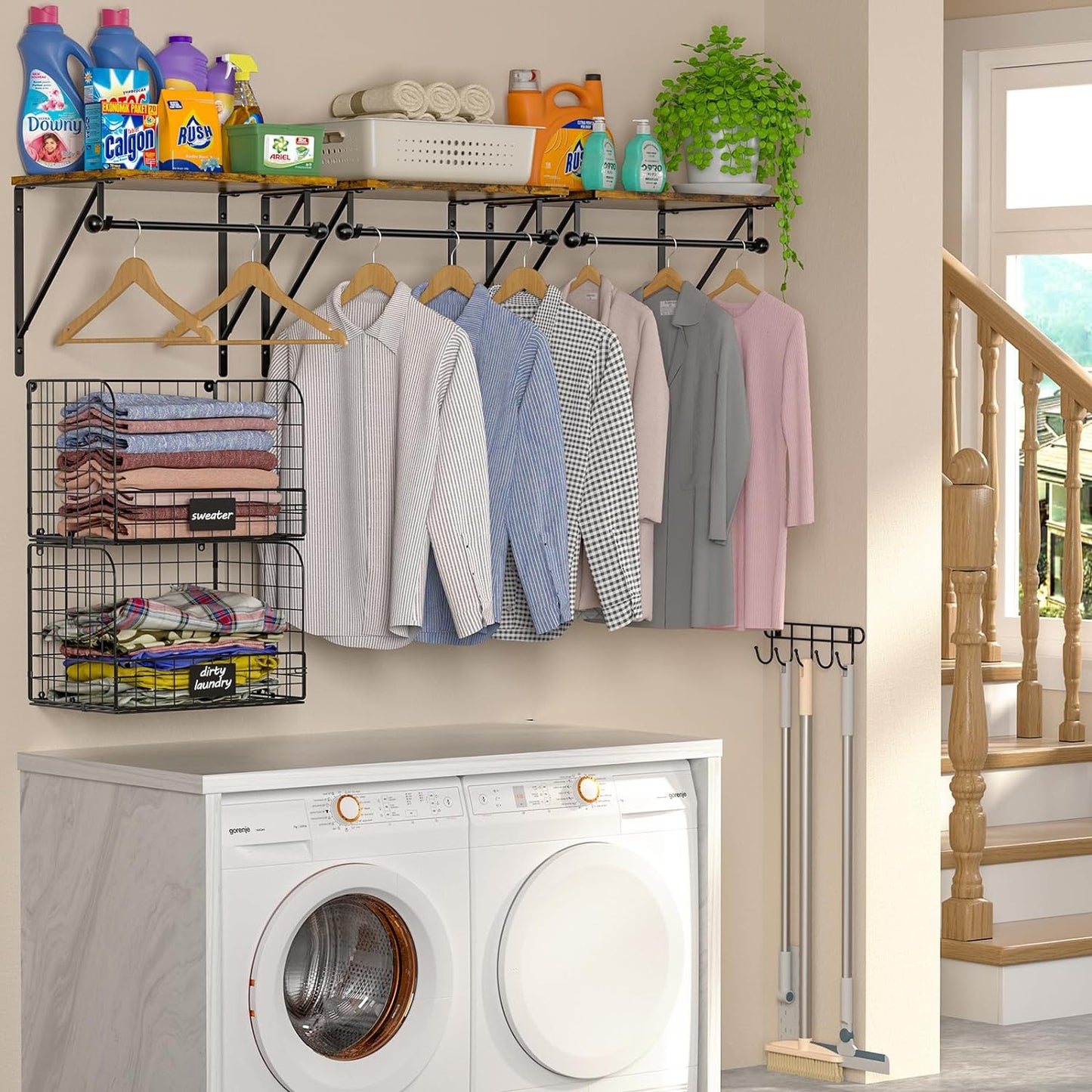 Wall Mounted Laundry Room Shelves - Over Washer & Dryer Shelf with Wire Baskets & Drying Rack | Black Wood & Metal