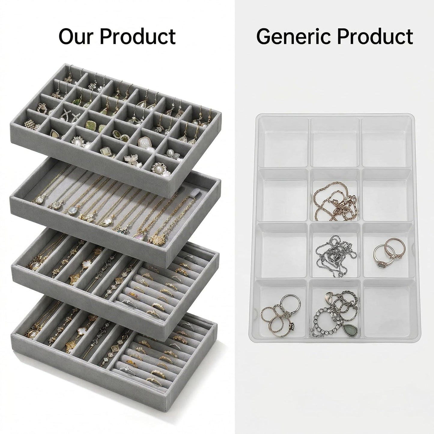 Velvet Jewelry Drawer Organizer Trays, 4-Layer Stackable Jewelry Storage Inserts Set, GREY Jewelry Tray Set for Earrings, Rings, Necklaces and Bracelets, Removable Dividers for Dresser Drawer