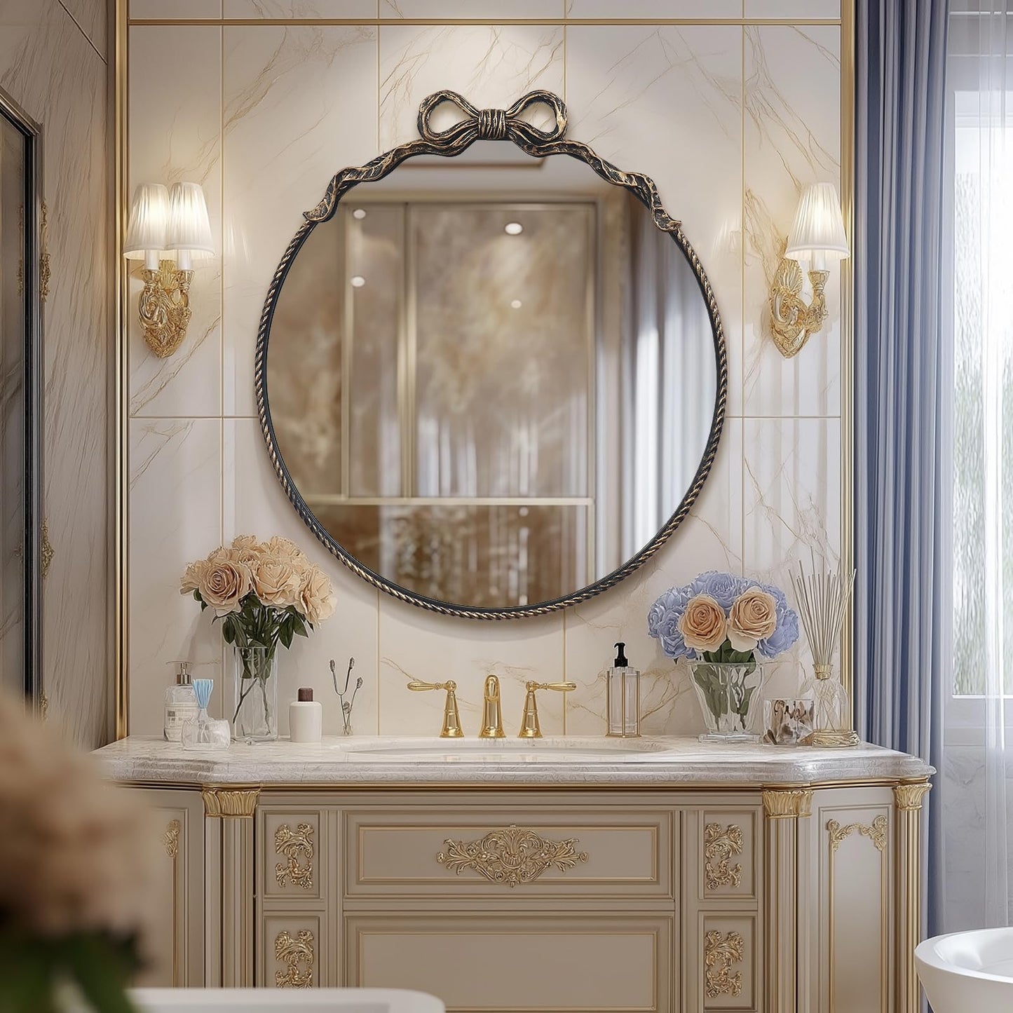 YIDIE Black Bow Metal Round Mirror -28inch Elegant Wall-Mounted Vanity Decorative Mirror for Bedroom, Bathroom, Living Room