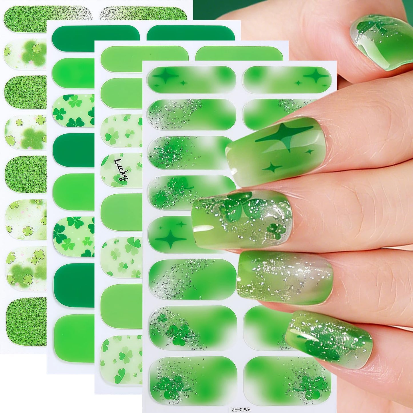 4 Sheets St. Patrick 's Day Gel Nail Stickers Irish Lucky Shamrock Nail Wraps Stickers Green Glitter French Nail Polish Strips Full Wrap Nail Strips Saint Patrick's Day Nails Supply for Women Manicure