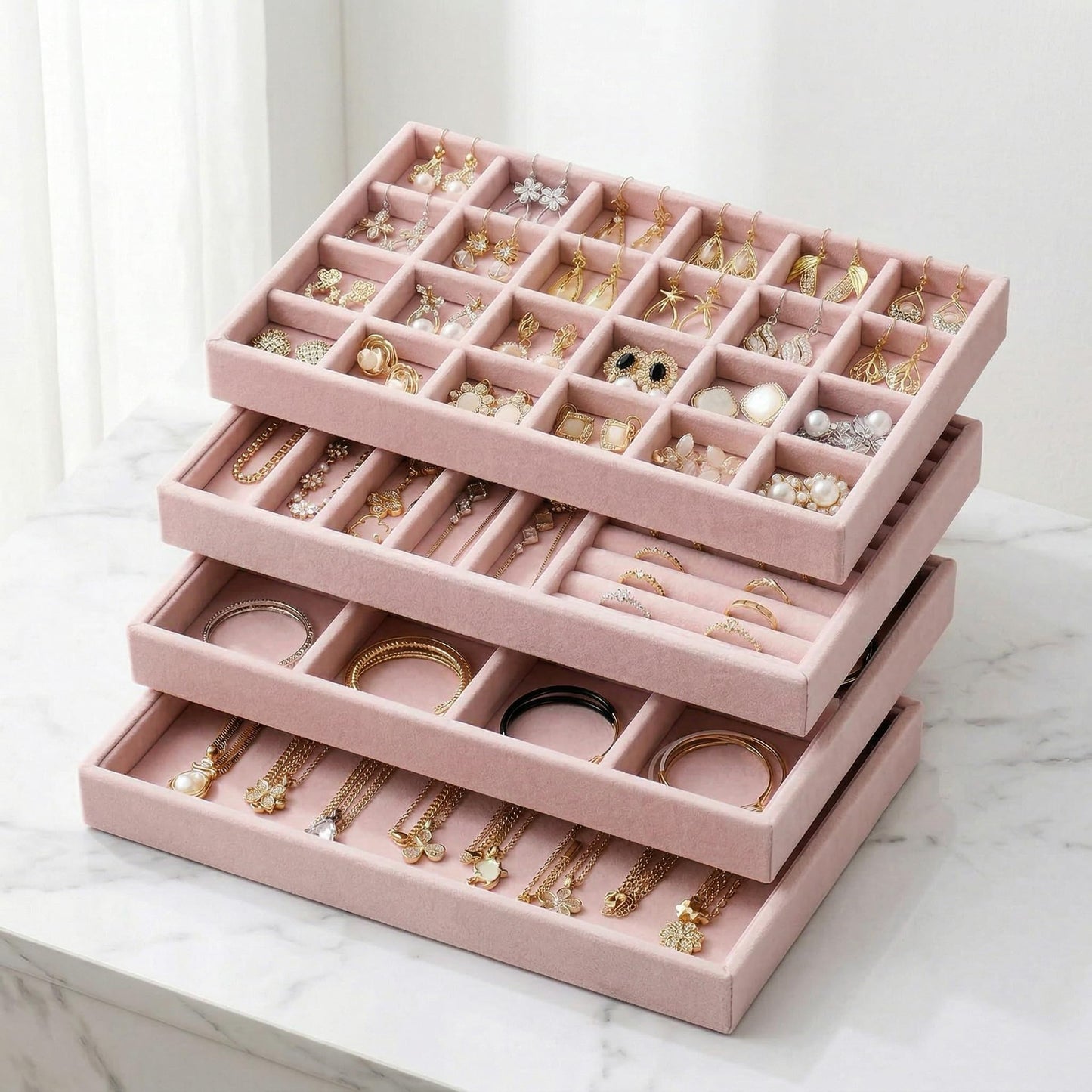 Velvet Jewelry Drawer Organizer Trays, 4-Layer Stackable Jewelry Storage Inserts Set, PINK Jewelry Tray Set for Earrings, Rings, Necklaces and Bracelets, Removable Dividers for Dresser Drawer