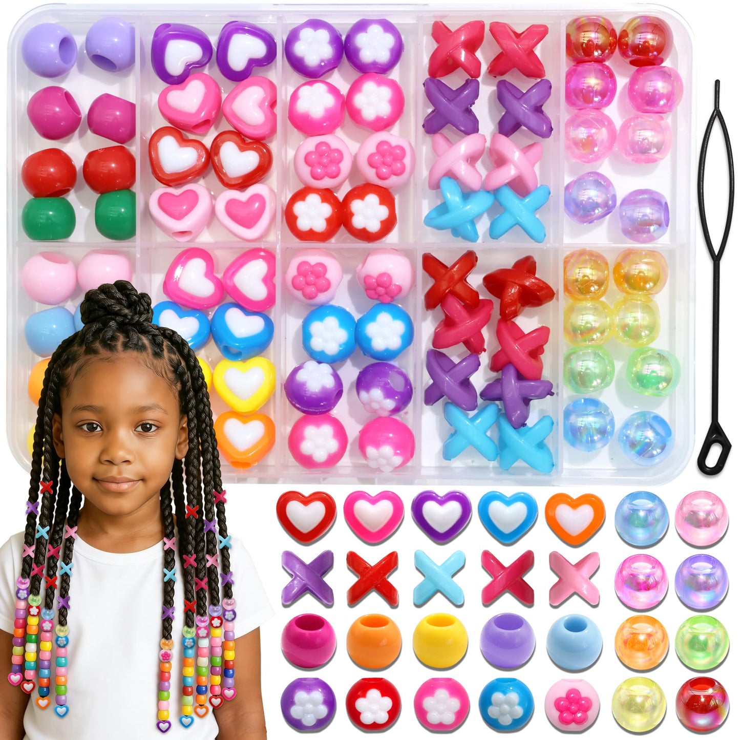 NAISKA 80PCS Colorful Braids Beads Cute Heart Flower Beads for Hair Braids Kids Random Pony Bead Set Acrylic Loc Dreadlock Jewelry Accessories for Girls