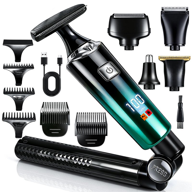 Back Shaver for Men,LED Display 5 in 1 Electric Body Groomer with Adjustable Long Handle - Rechargeable, IPX6 Waterproof Trimmer for Full Body Grooming（Green）