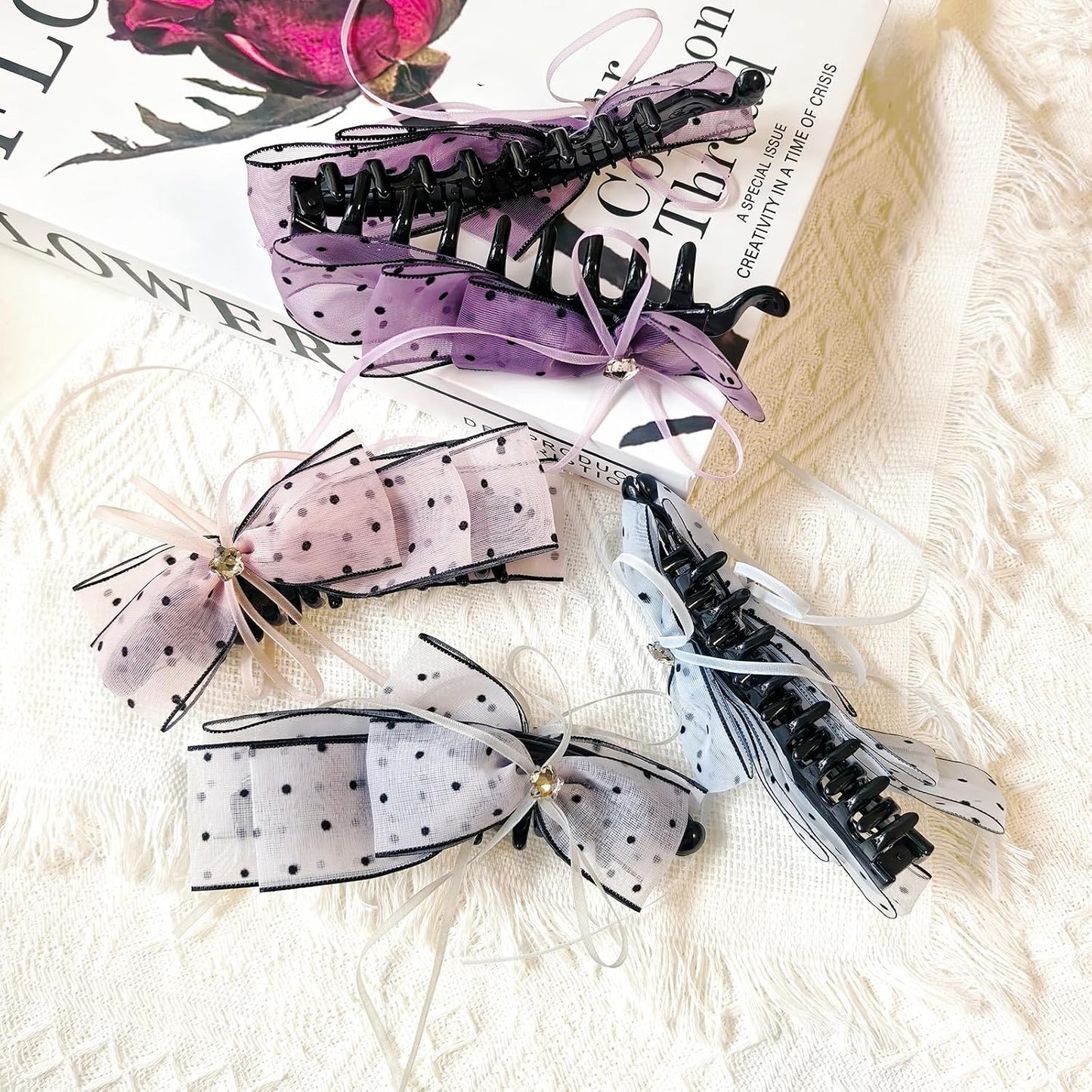 Banana Clips for Women - Cute Satin Polka Dot Hair Bow Claw Clips | Perfect for Thick & Thin Hair - Seersucker Yellow