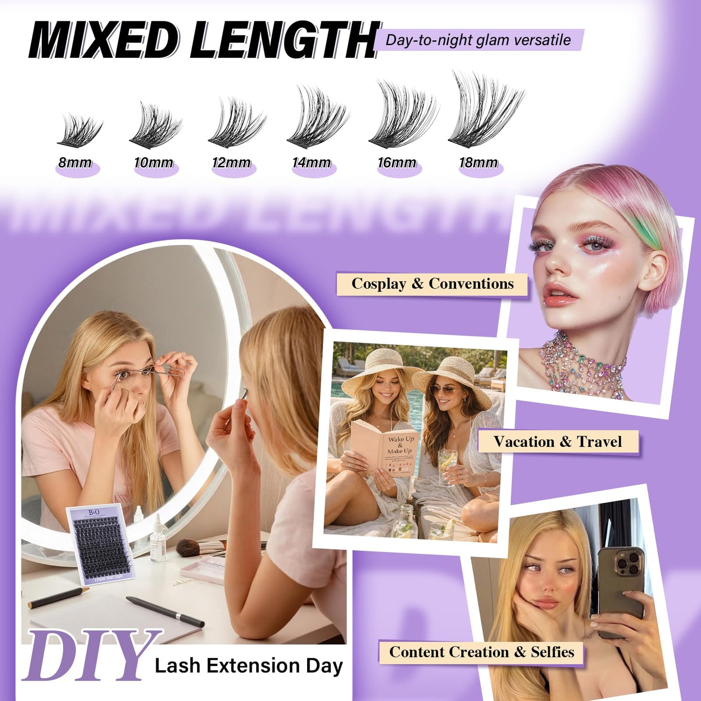 B&Q Wispy Lash Clusters 156PCS Natural Eyelash Clusters DIY Cluster Eyelash Extensions 8-18mm Cat Eye Individual Lashes Soft Wide Band Clusters for Everyday Wear Beginner Friendly 5-7 Day (B02-8-18)