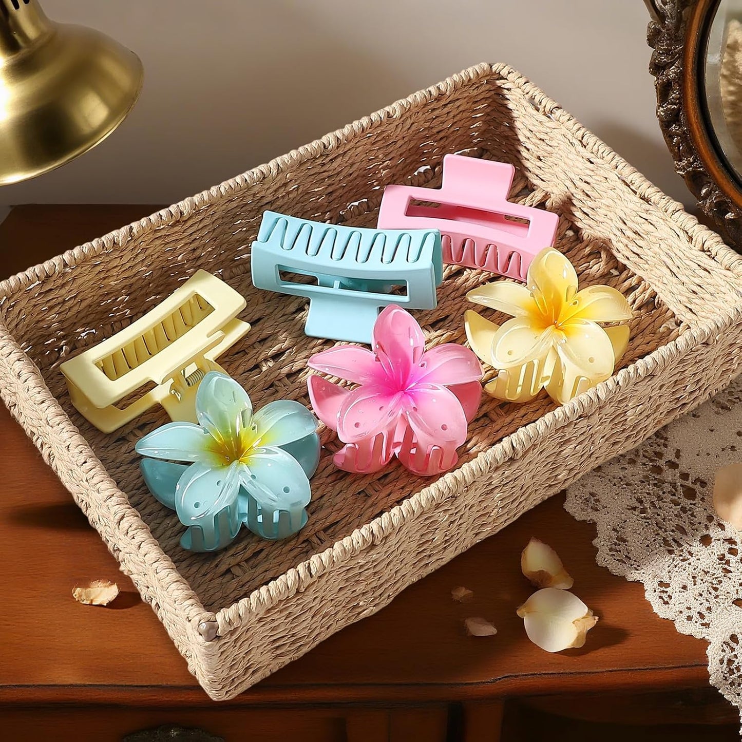 Flower Hair Clips - Square Claw Clips for Thick or Thin Hair | 6 PCS Hawaiian Hibiscus & Plumeria Styles (Pink)
