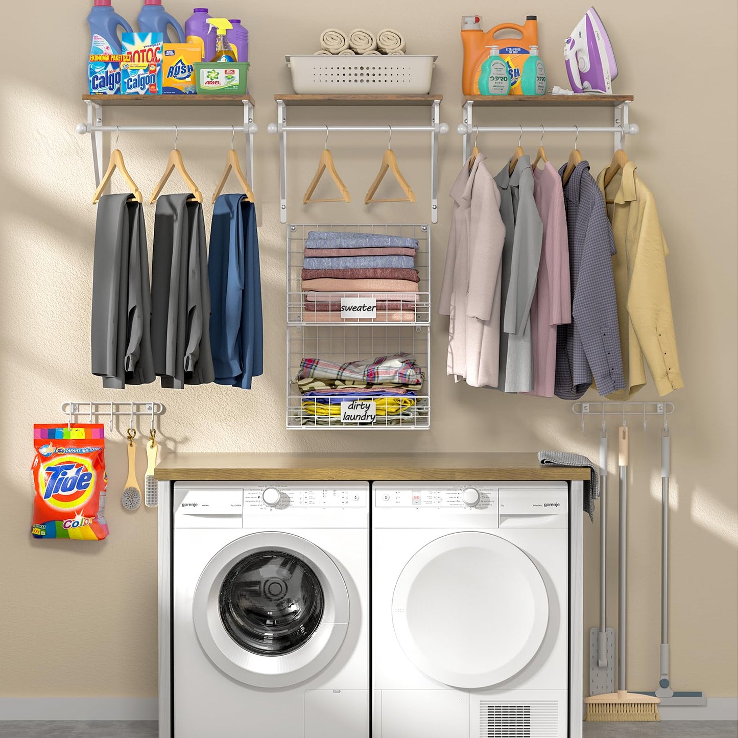 DAOUTIME 2 Set Laundry Room Wall Mounted Shelves With Wire Storage Baskets, Over Washer and Dryer With Hanging Rods and Hooks, for Organization and Storage, White, Wooden