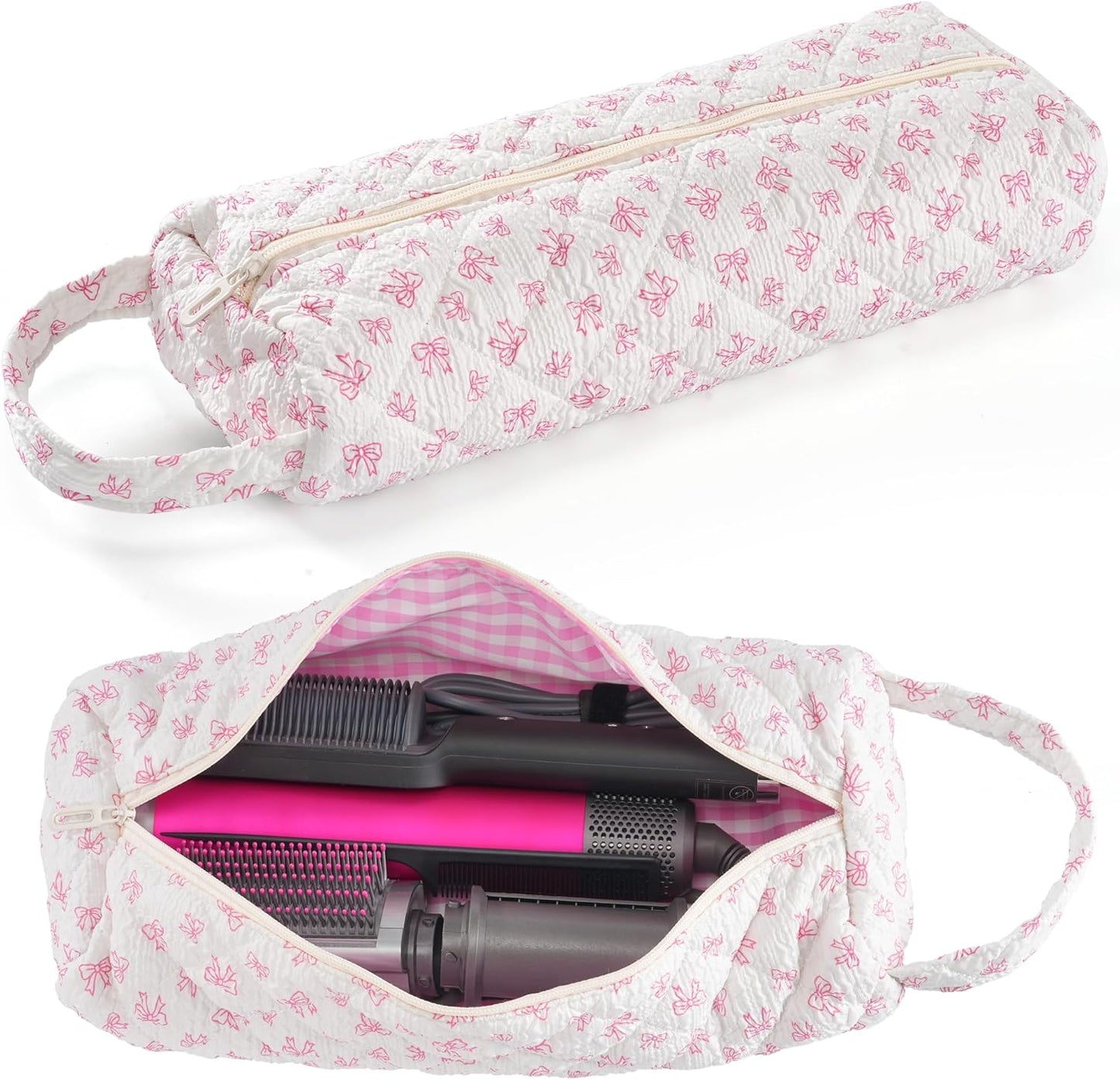 Quilted Hair Tools Travel Bag - Portable Organizer for Dyson Airwrap & Shark FlexStyle | Pink Plaid Floral
