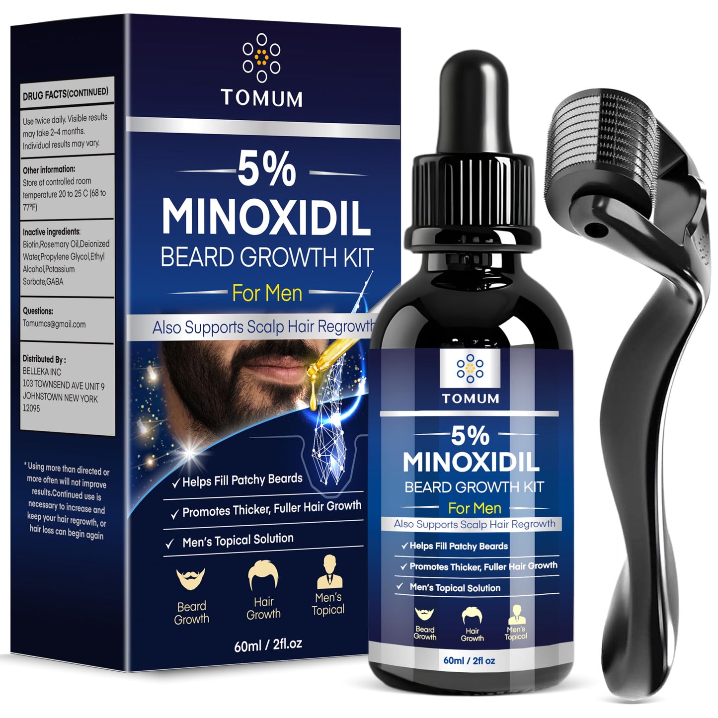 TOMUM 5% Minoxidil Beard Growth Kit for Men – Hair & Beard Regrowth Serum, Helps Fill Patchy Beards, Thicker Fuller Facial & Scalp Hair, Topical Solution